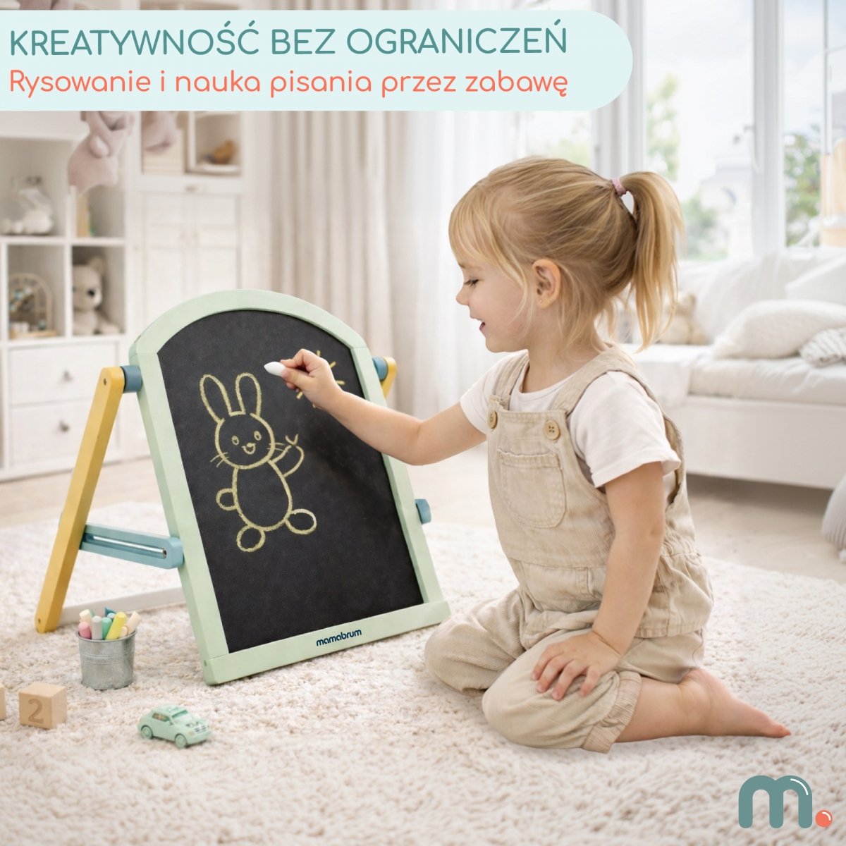 Drewniana tablica edukacyjna dla dzieci - dwustronna, magnetyczno-kredowa ze składanym stojakiem