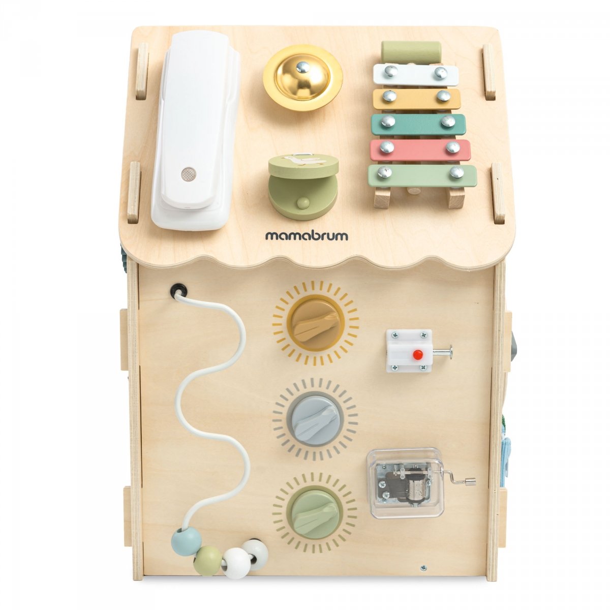 Drewniany, edukacyjny domek aktywności Montessori 6 w 1- sensoryczna tablica manipulacyjna