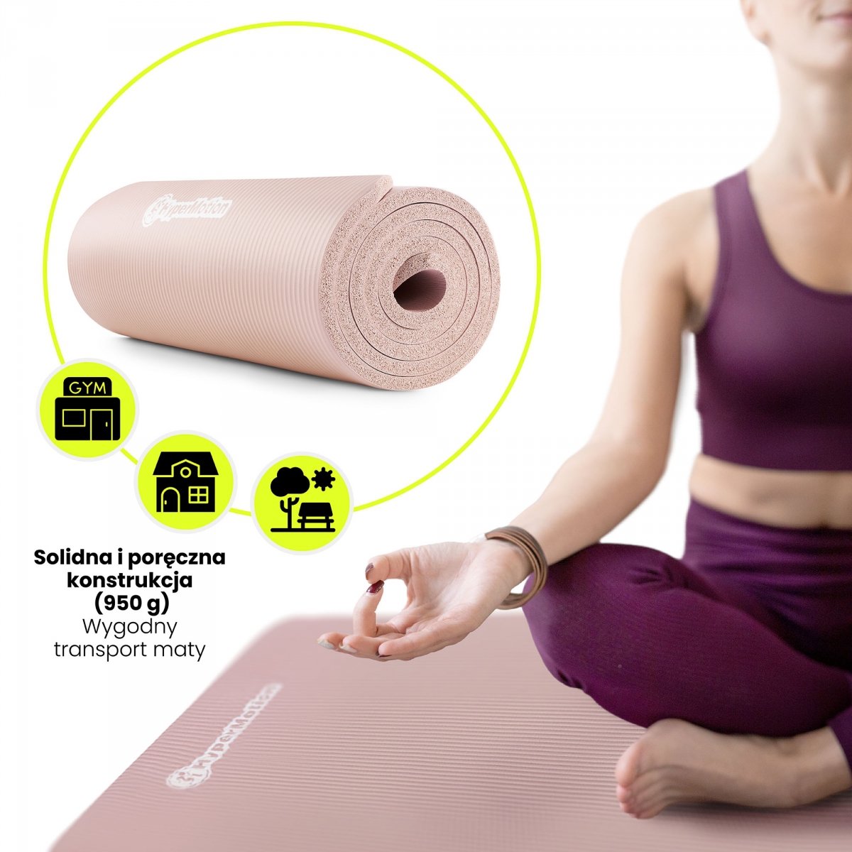 Mata do ćwiczeń fitness i jogi NBR z wielofunkcyjnym paskiem do ćwiczeń i przenoszenia - 183 x 61 x 1,5 cm HyperMotion - kolor brudny róż