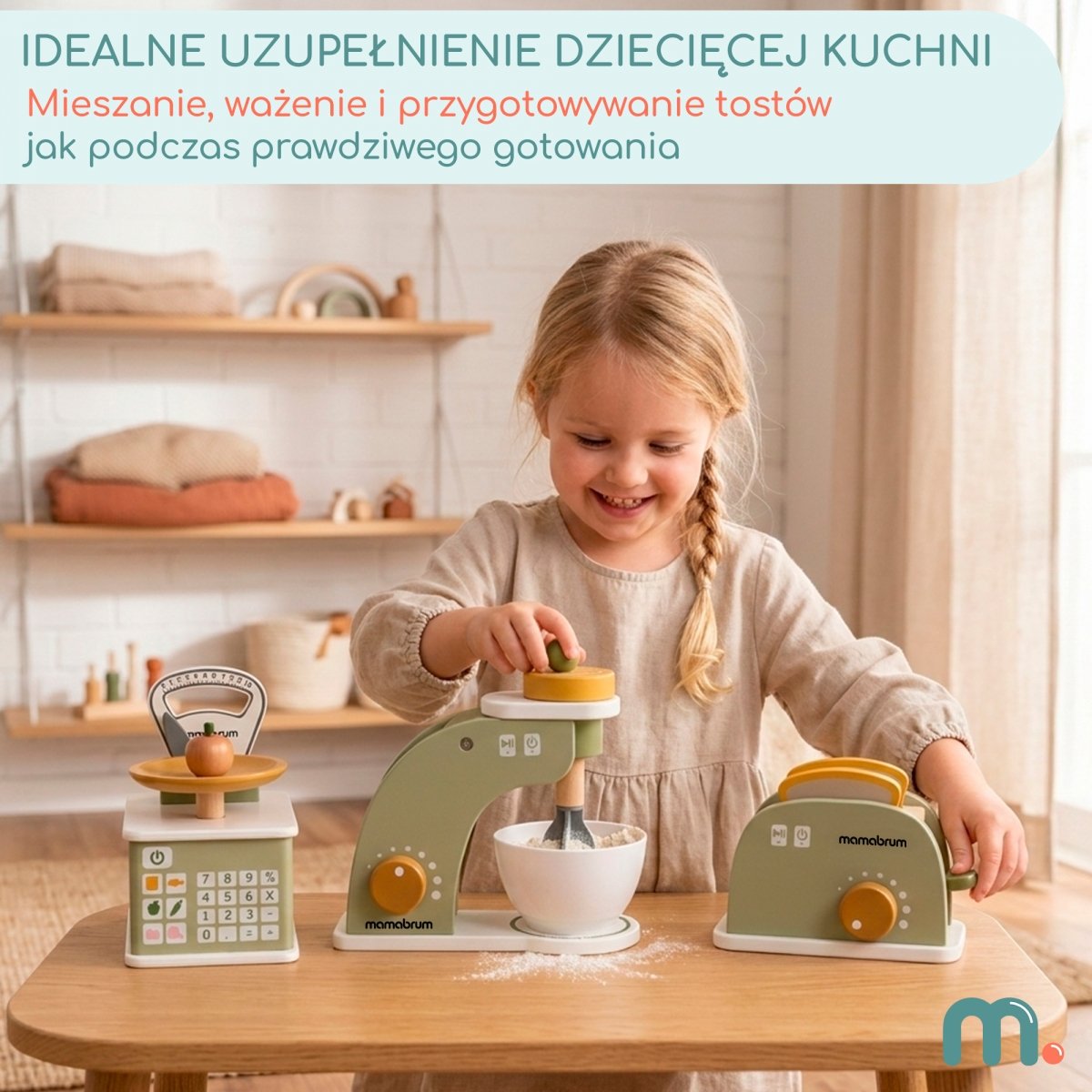 Drewniany zestaw kuchenny dla dzieci mini AGD - mikser, waga i toster