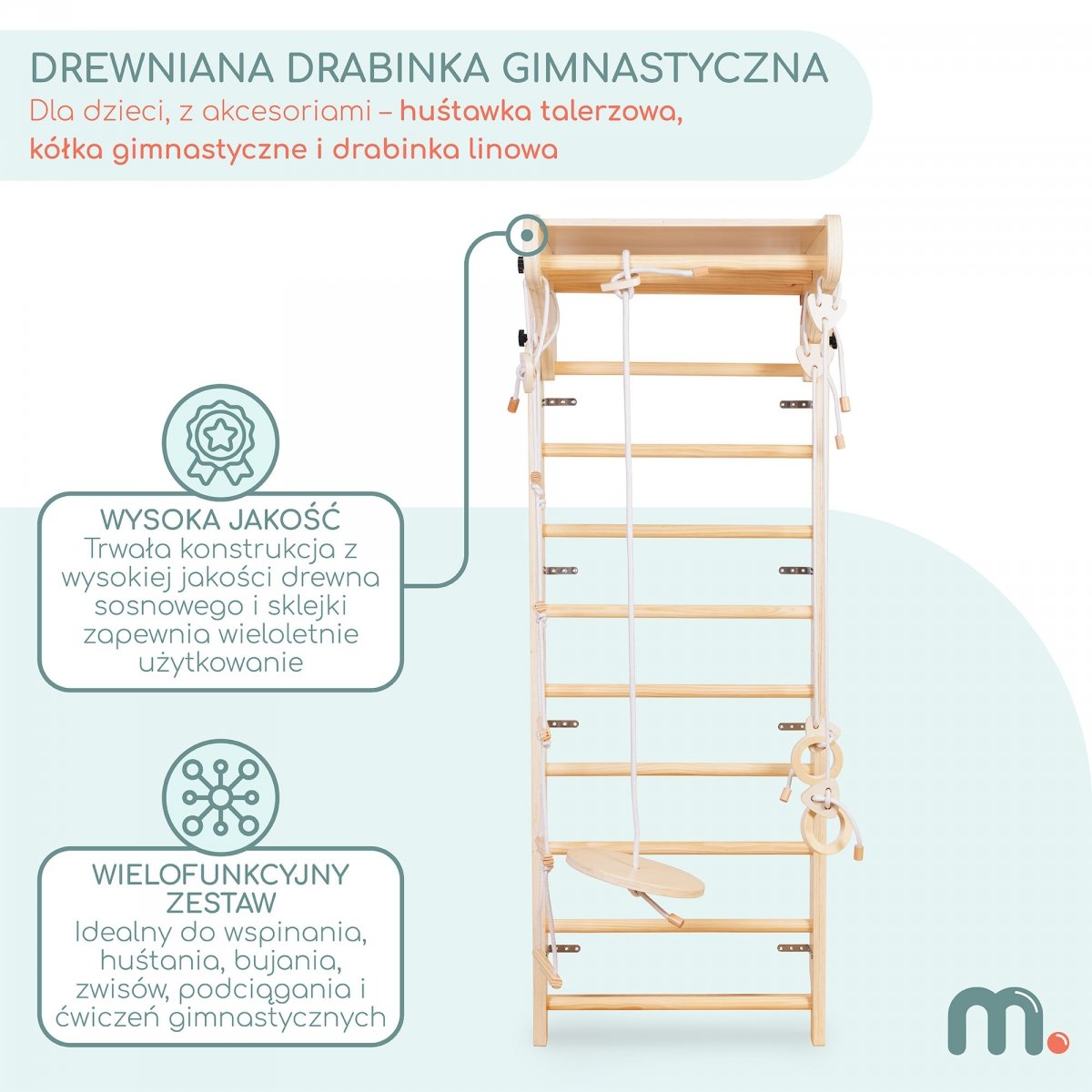 Drewniana drabinka gimnastyczna dla dzieci z akcesoriami – huśtawka talerzowa, kółka gimnastyczne i drabinka linowa