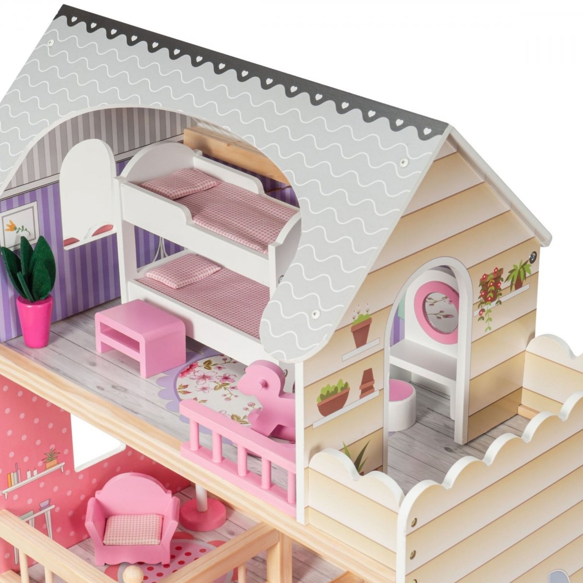 Duży drewniany 3-piętrowy domek dla lalek z tarasem, zestawem mebli i oświetleniem LED!