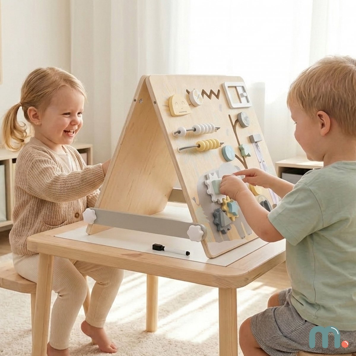 Dwustronna drewniana tablica edukacyjna 2w1 – magnetyczna i manipulacyjna Tablica sensoryczna Mamabrum