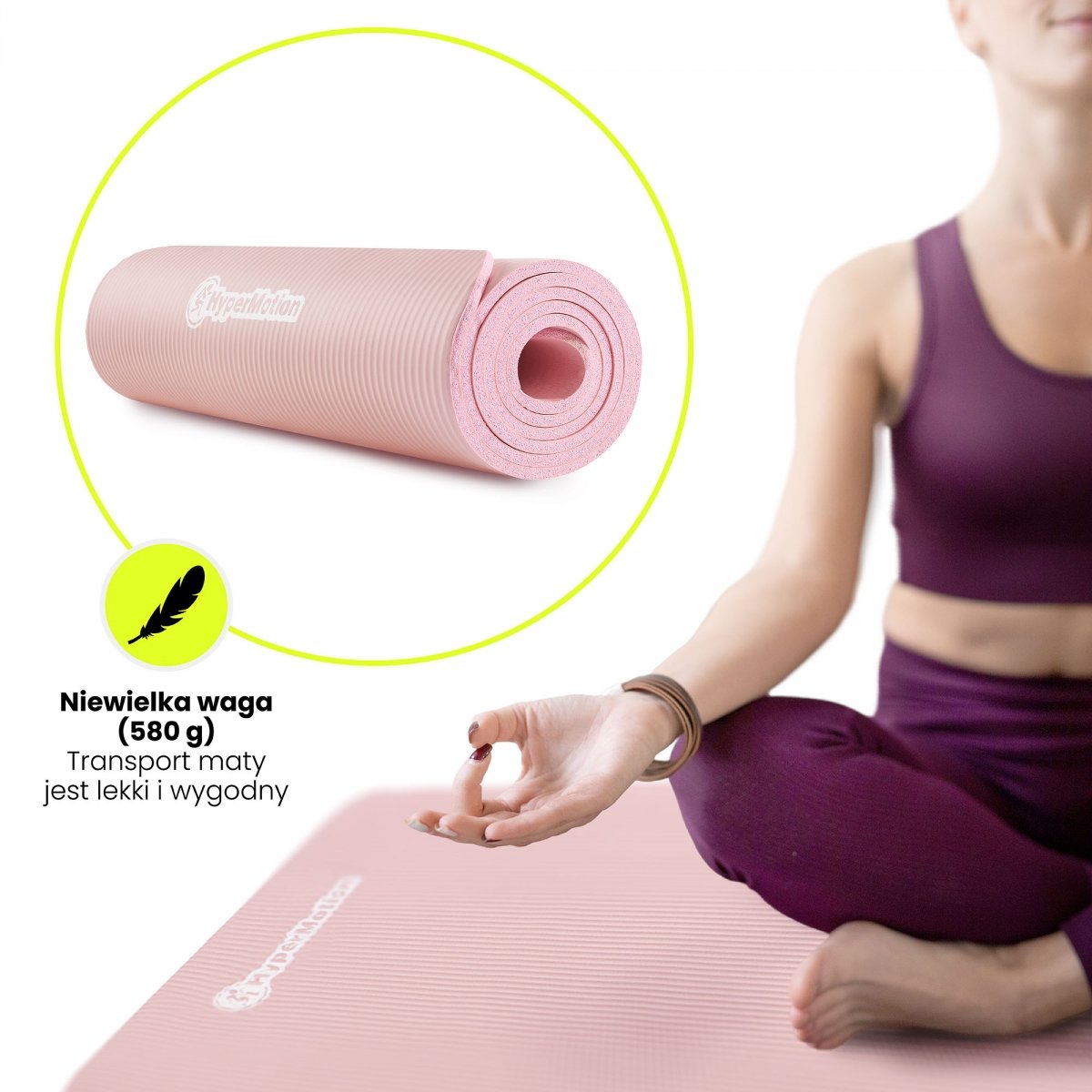 Mata do ćwiczeń fitness i jogi NBR z wielofunkcyjnym paskiem do ćwiczeń i przenoszenia - 183 x 61 x 0,8 cm HyperMotion - kolor różowy