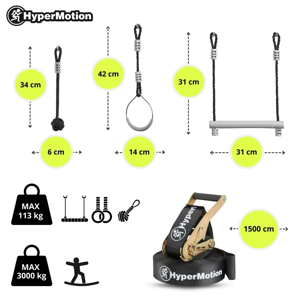 Tor przeszkód Ninja dla dzieci - zestaw slackline HyperMotion - 9 przeszkód