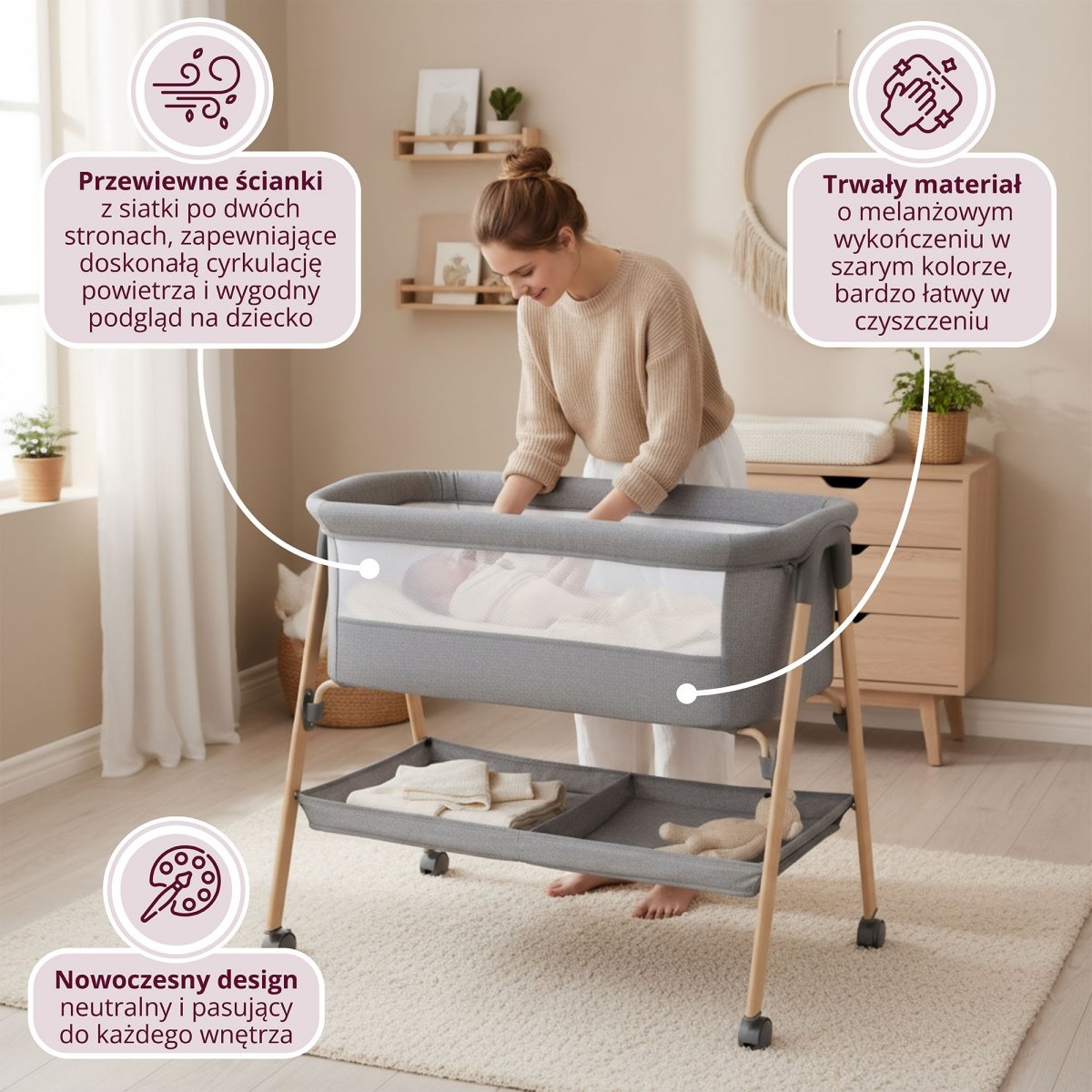 Łóżeczko niemowlęce, wolnostojące, turystyczne, kołyska z materacem – szare