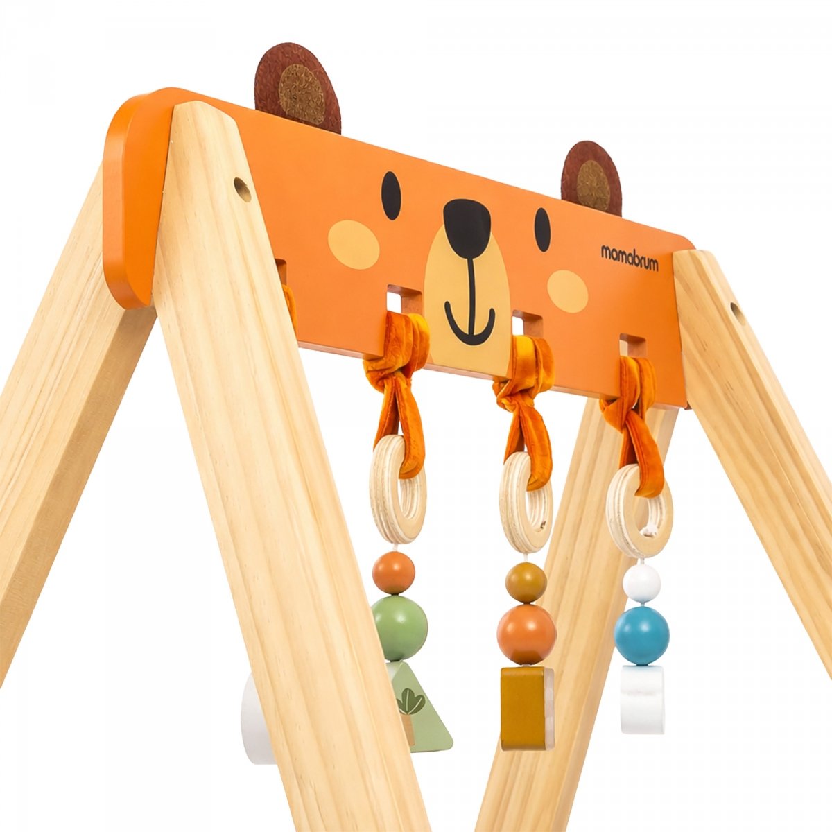 Drewniany stojak edukacyjny dla niemowląt – Baby Gym z motywem misia