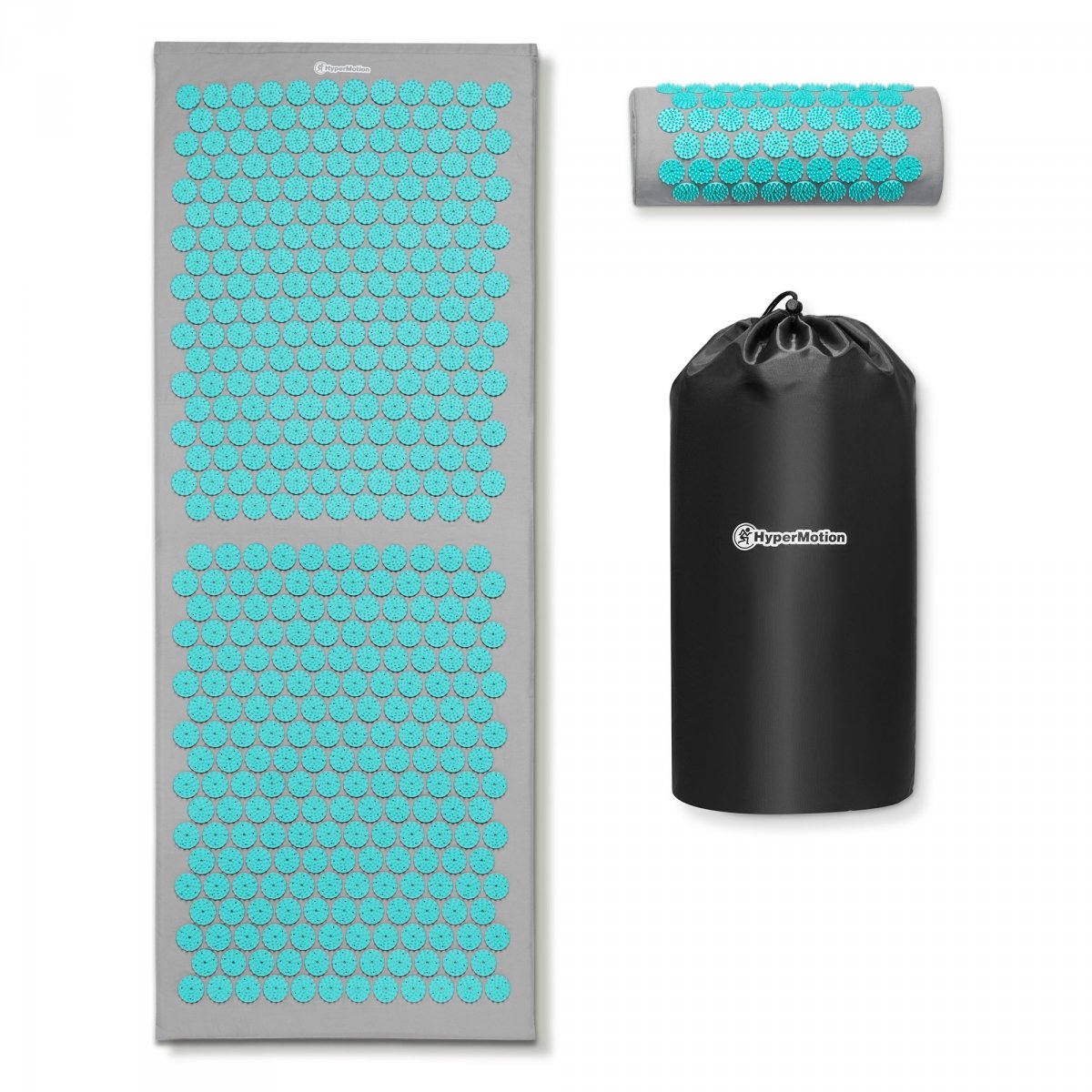 Duża mata do akupresury z poduszką i pokrowcem - 130 cm HyperMotion szaro-miętowa
