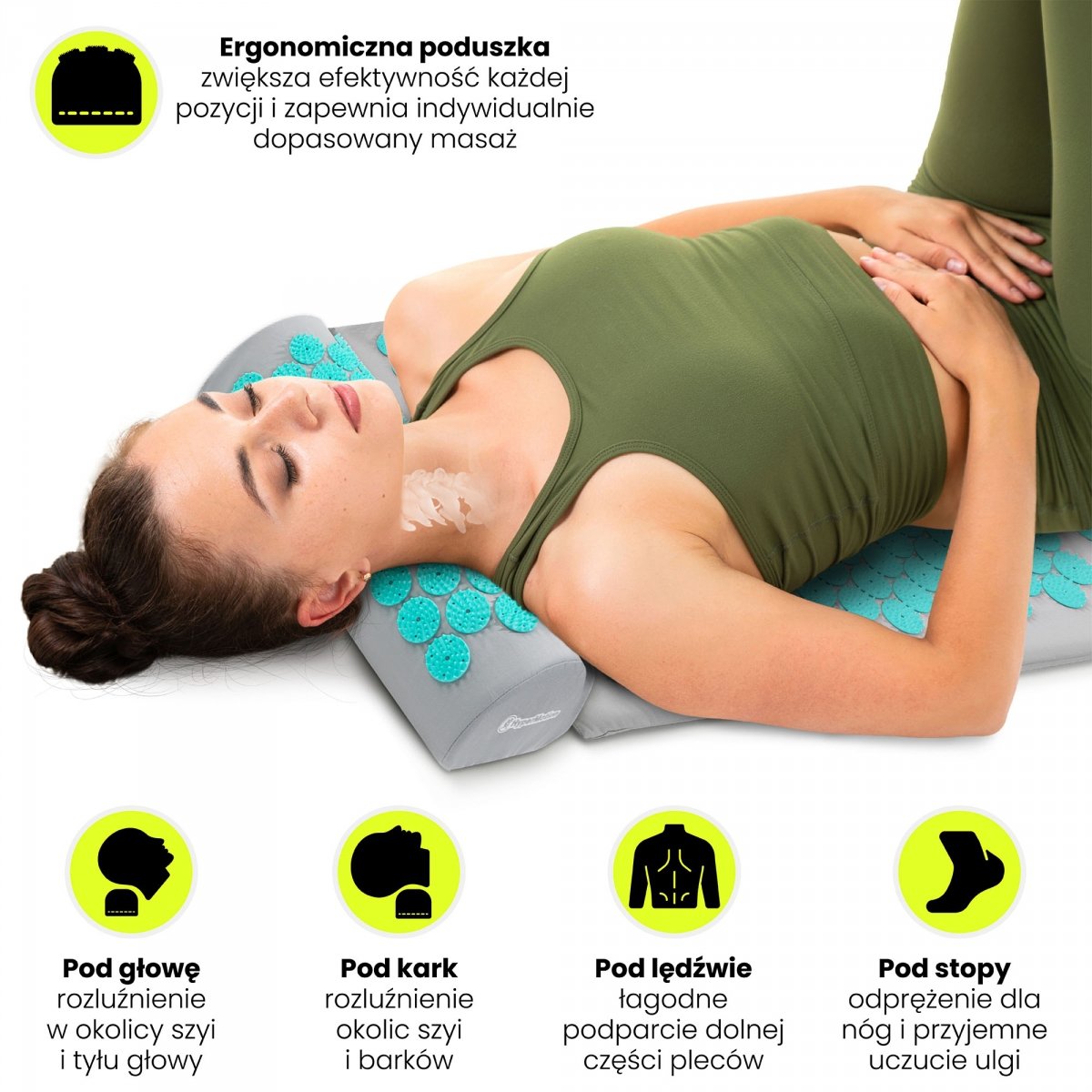 Duża mata do akupresury z poduszką i pokrowcem - 130 cm HyperMotion szaro-miętowa