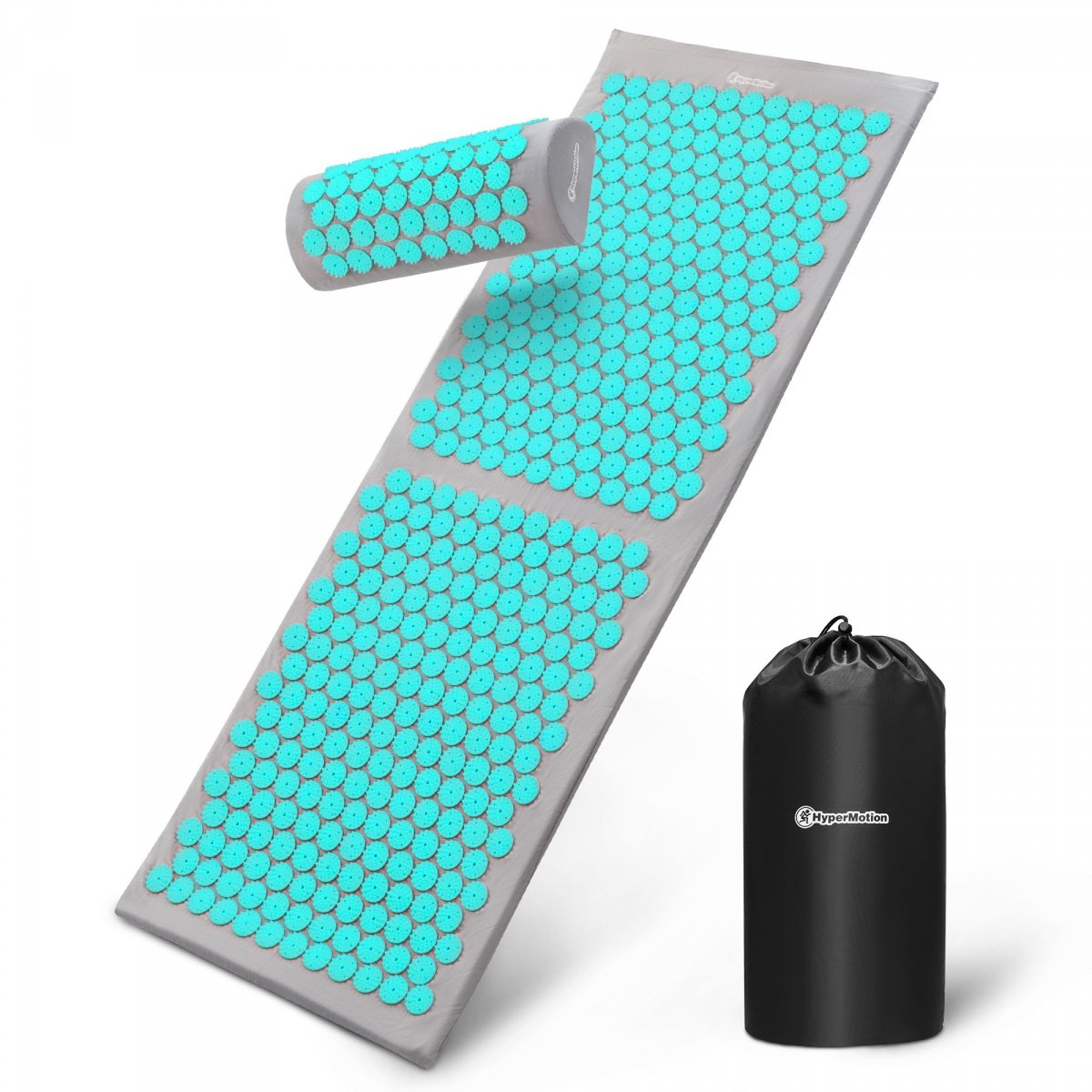 Duża mata do akupresury z poduszką i pokrowcem - 130 cm HyperMotion szaro-miętowa