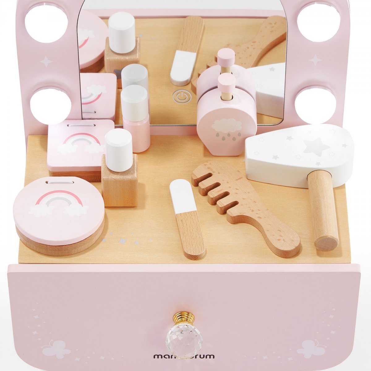 Drewniana mini toaletka dla dzieci z akcesoriami i oświetleniem LED o płynnej regulacji jasności