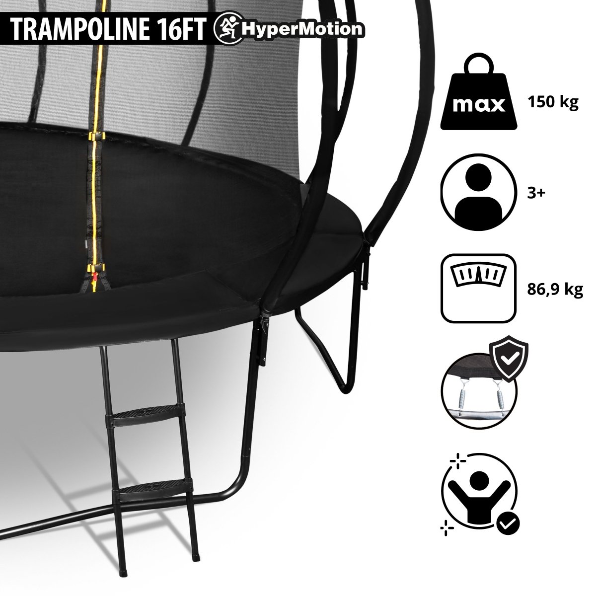 Trampolina ogrodowa XXXXL dla dzieci HyperMotion - 487 cm 16FT - z drabinką i siatką wewnętrzną - do domu i ogrodu - 150kg max
