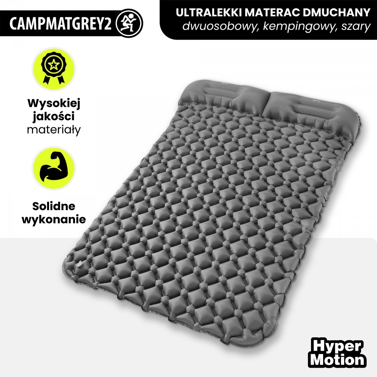 Ultralekki materac dmuchany dwuosobowy do spania na kemping i trekking HyperMotion Campmat – 190x120 cm – szary