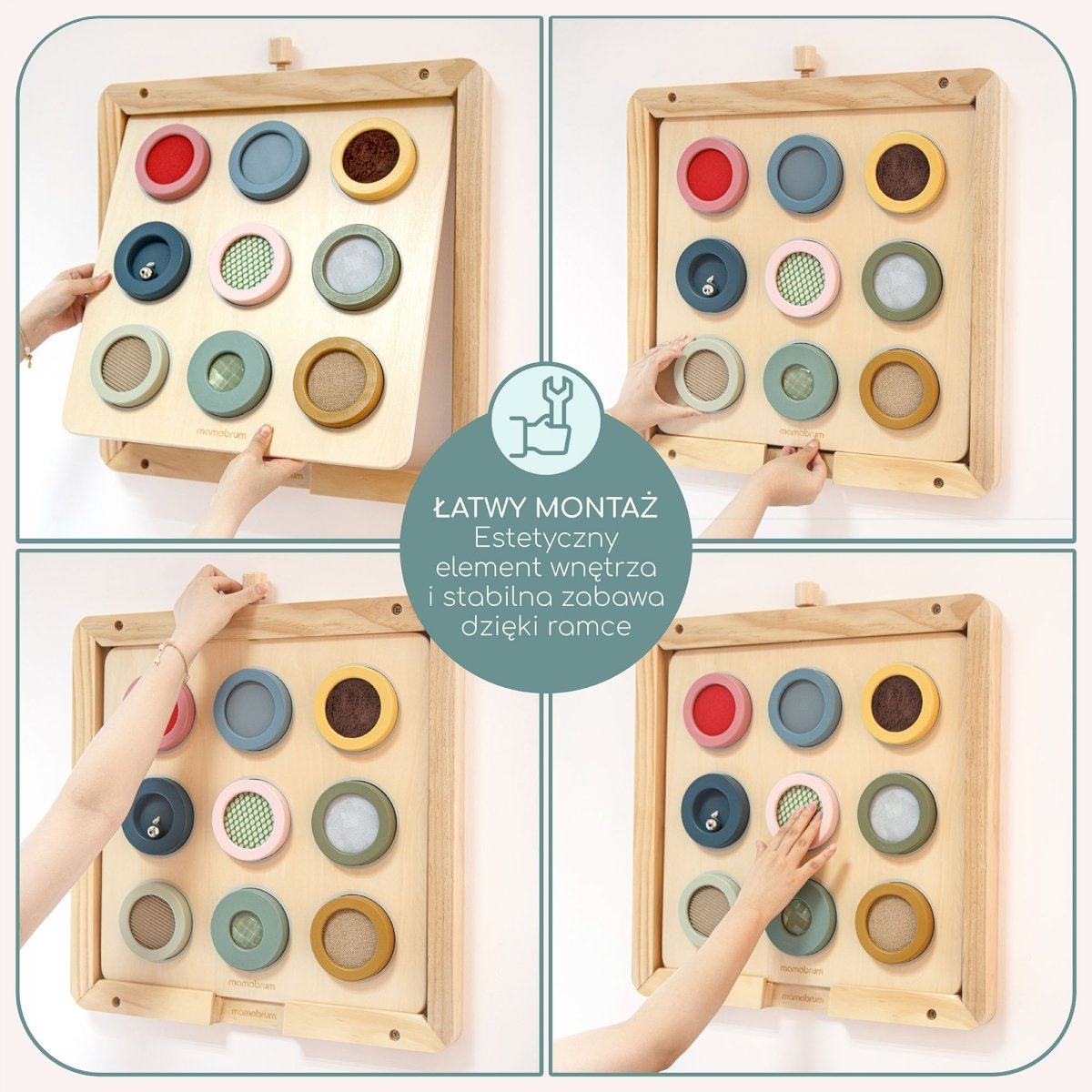 Drewniana tablica sensoryczna Montessori – 9 tekstur do odkrywania i ćwiczenia zmysłu dotyku