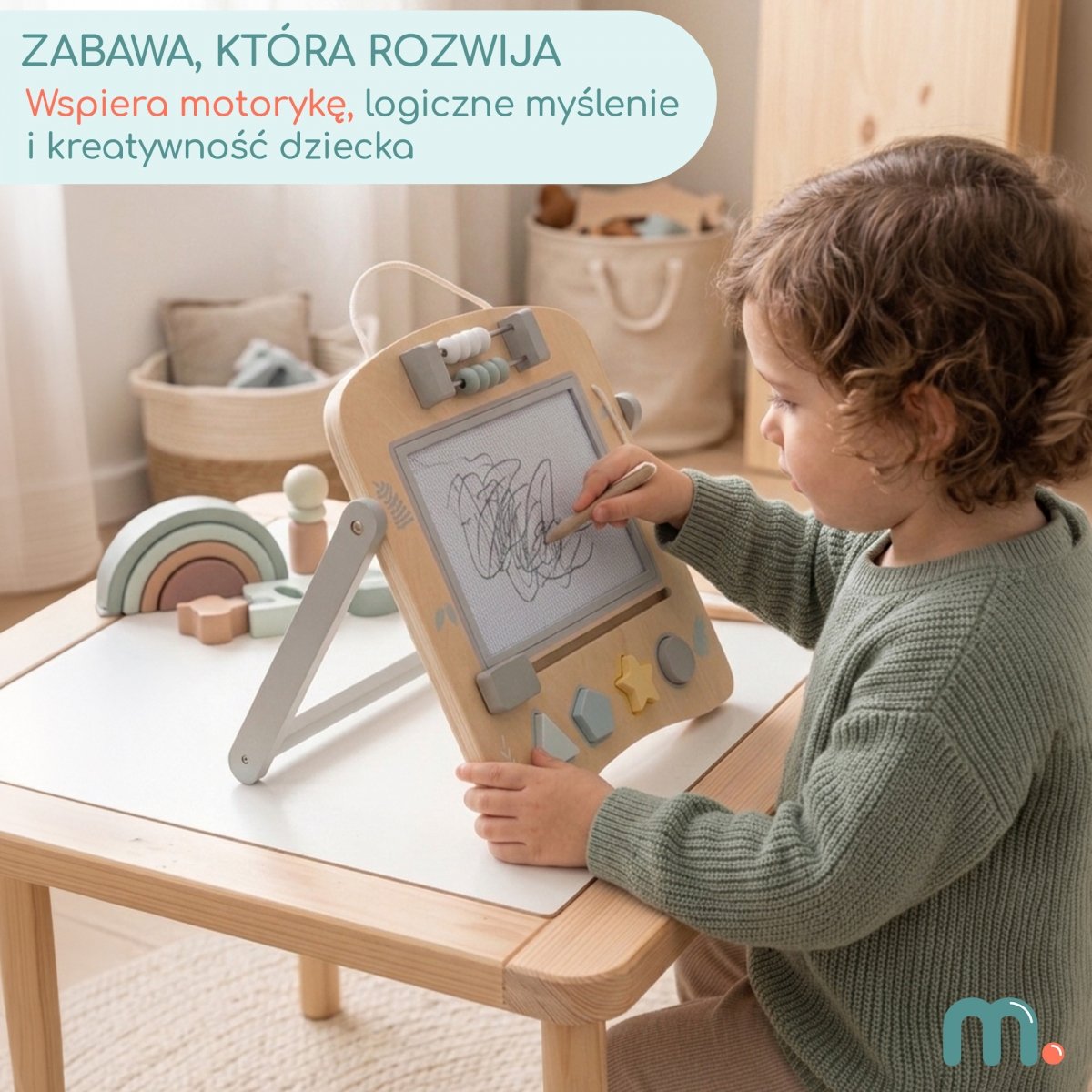 Drewniana tablica edukacyjna 2w1 dla dzieci, dwustronna tablica magnetyczna ze znikopisem, liczydłem i sorterem