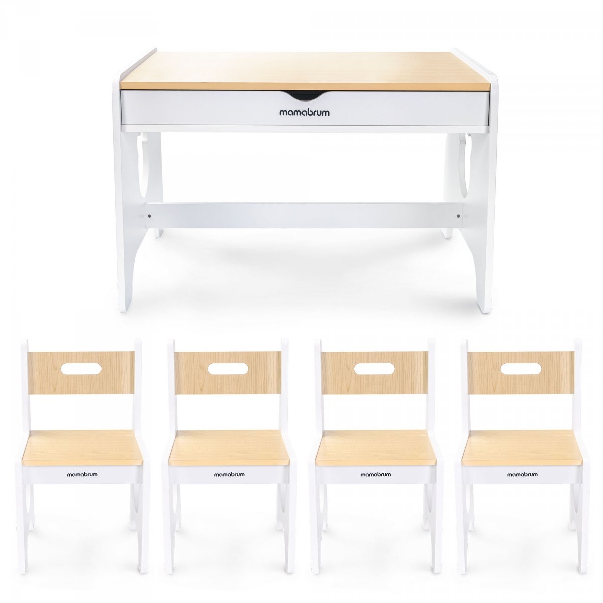 Duży zestaw mebli dla dzieci - biały, drewniany stolik - biurko, dwie szuflady + 4 krzesełka - Miś