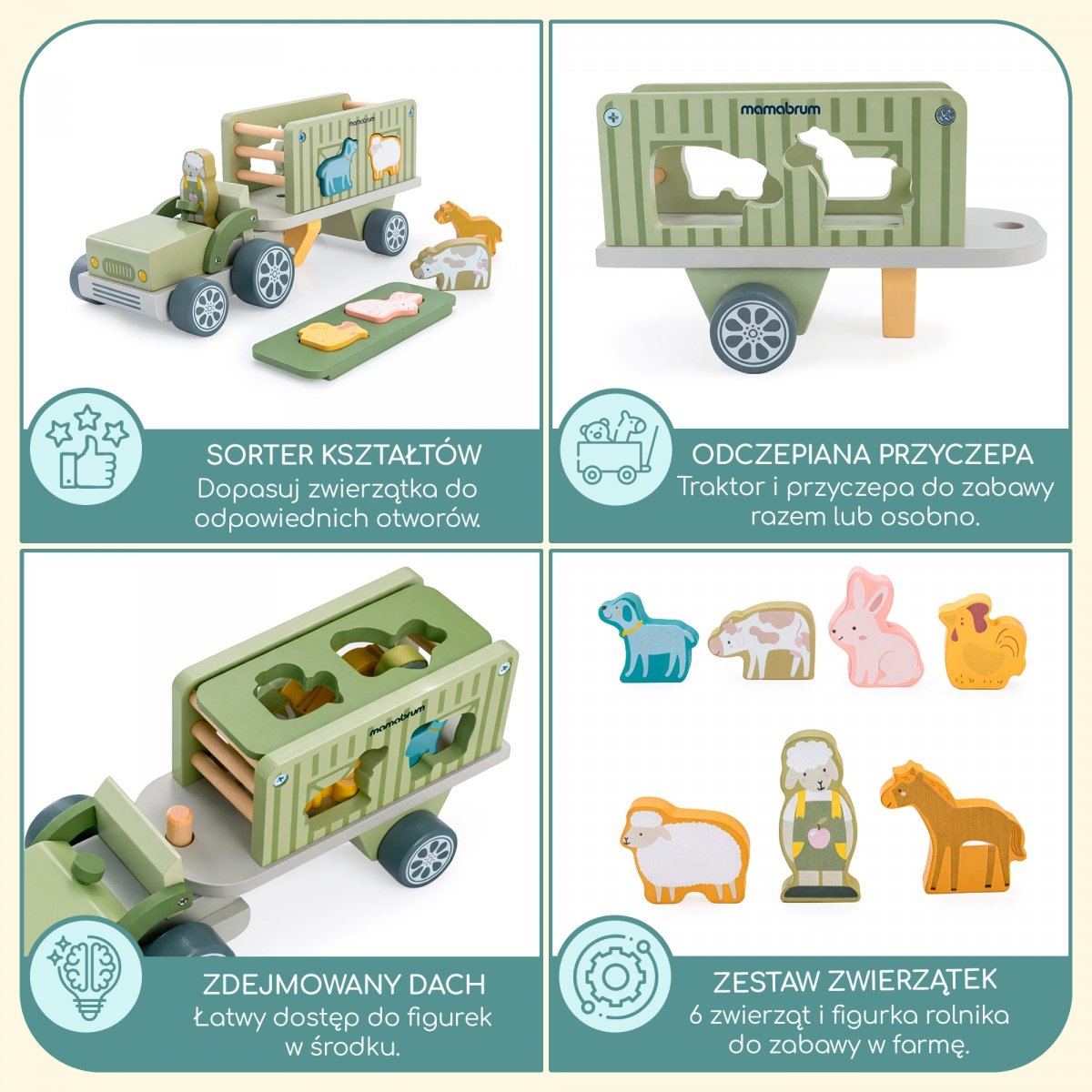 Drewniany traktor z przyczepą i zwierzątkami - sorter kształtów - farma