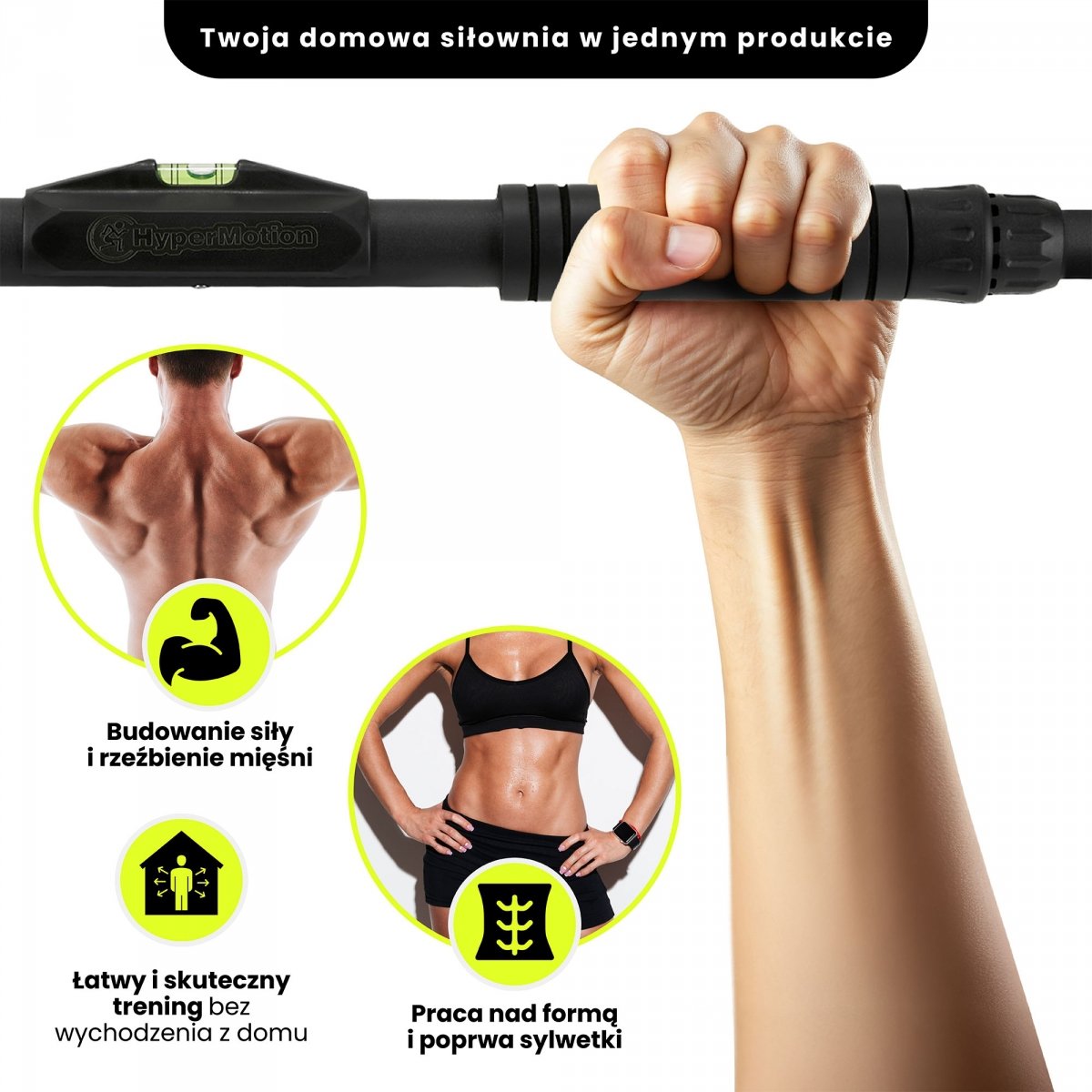 Drążek rozporowy do podciągania HyperMotion regulowany 74-100 cm, 200kg, czarny