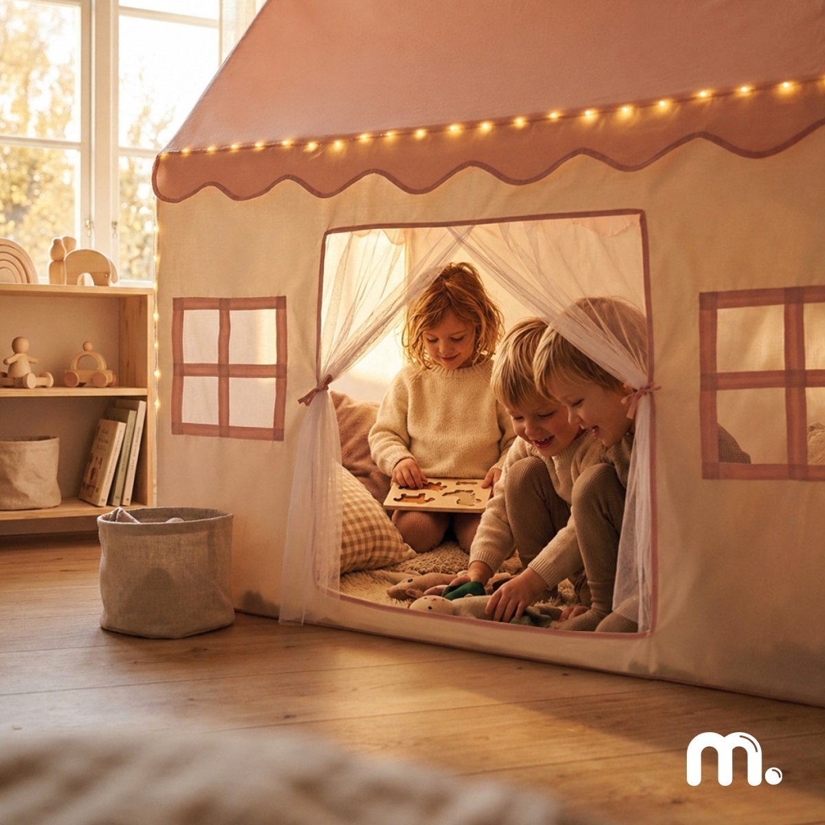 Domek składany XXL - namiot dla dzieci do zabawy, zamek z oknami, do pokoju i ogrodu, z lampkami LED - różowy