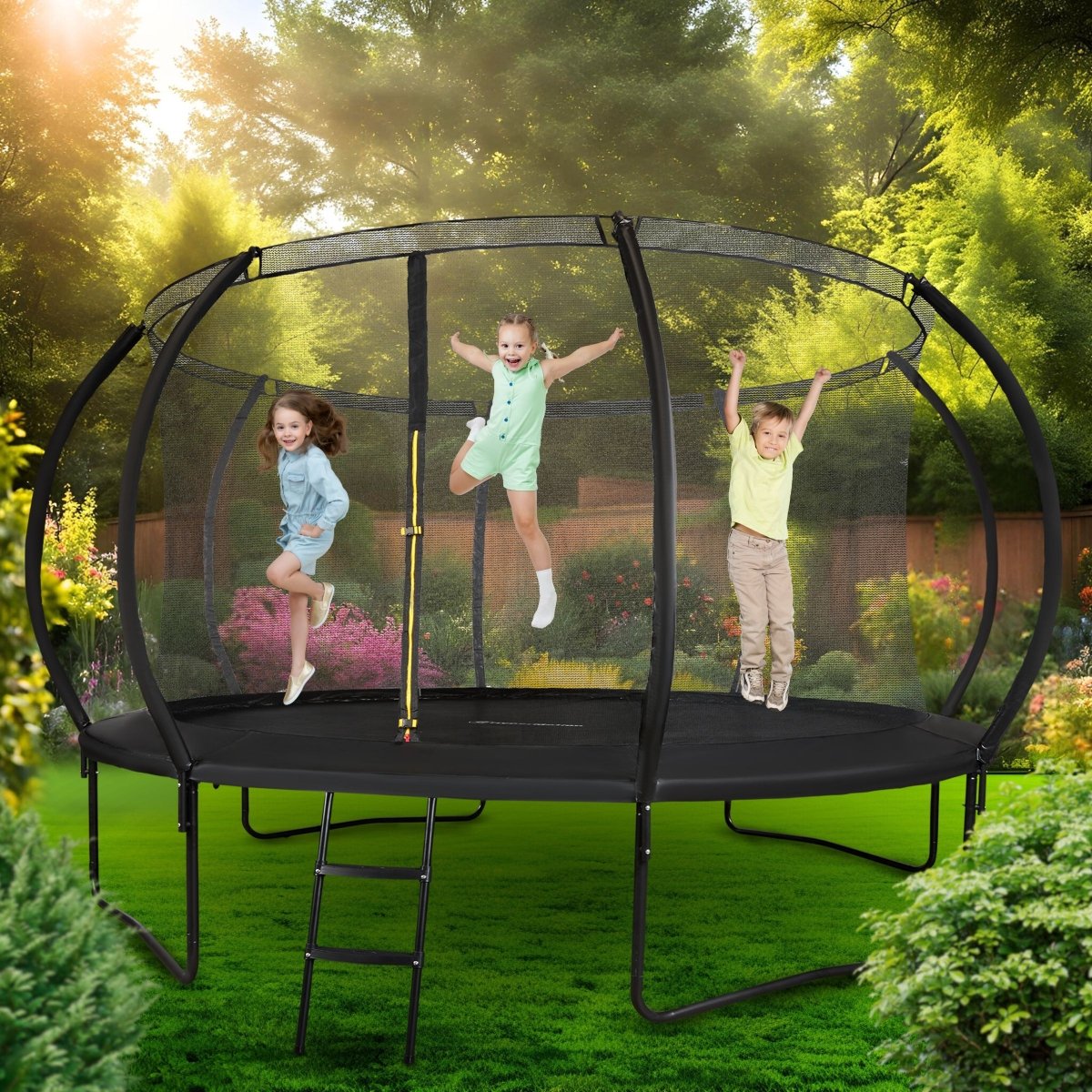 Trampolina ogrodowa XXXL dla dzieci HyperMotion - 430 cm 14FT - z drabinką i siatką wewnętrzną - do domu i ogrodu - 150kg max