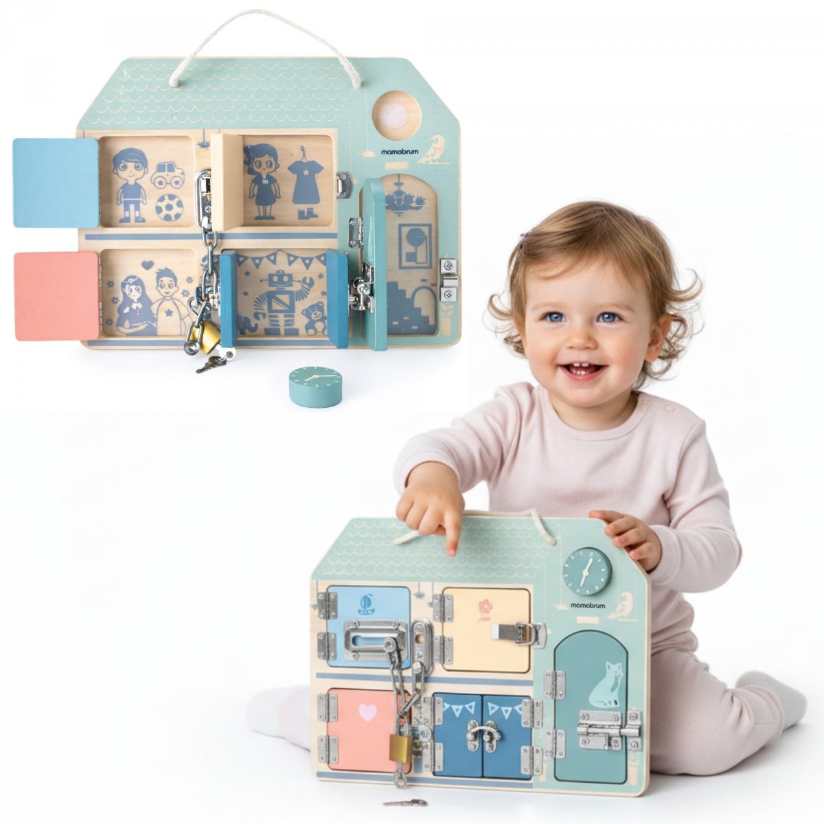 Drewniana tablica manipulacyjna Montessori - Sensoryczna Nauka samodzielności - Domek z zamkami