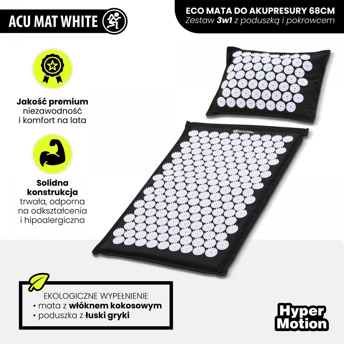 Mata do akupresury ECO lniana z włóknem kokosowym i poduszką z gryki – 68 cm HyperMotion czarno-biała