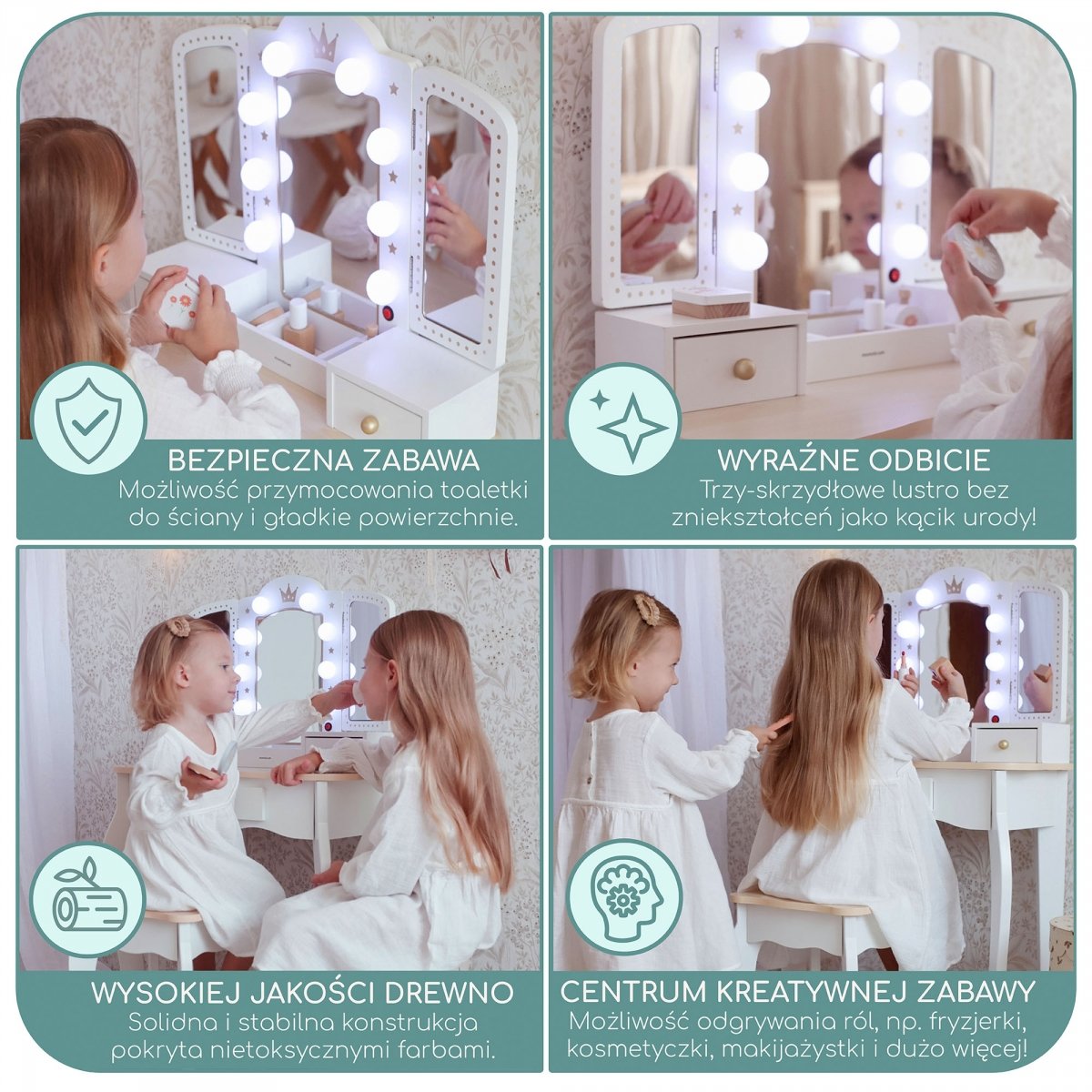 Drewniana toaletka XXL z taboretem i oświetleniem LED dla dzieci + akcesoria