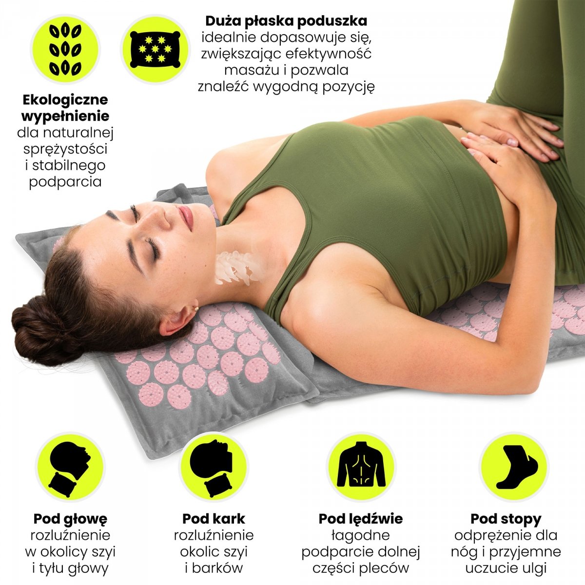 Mata do akupresury ECO lniana z włóknem kokosowym i poduszką z gryki – 68 cm HyperMotion szaro-różowa