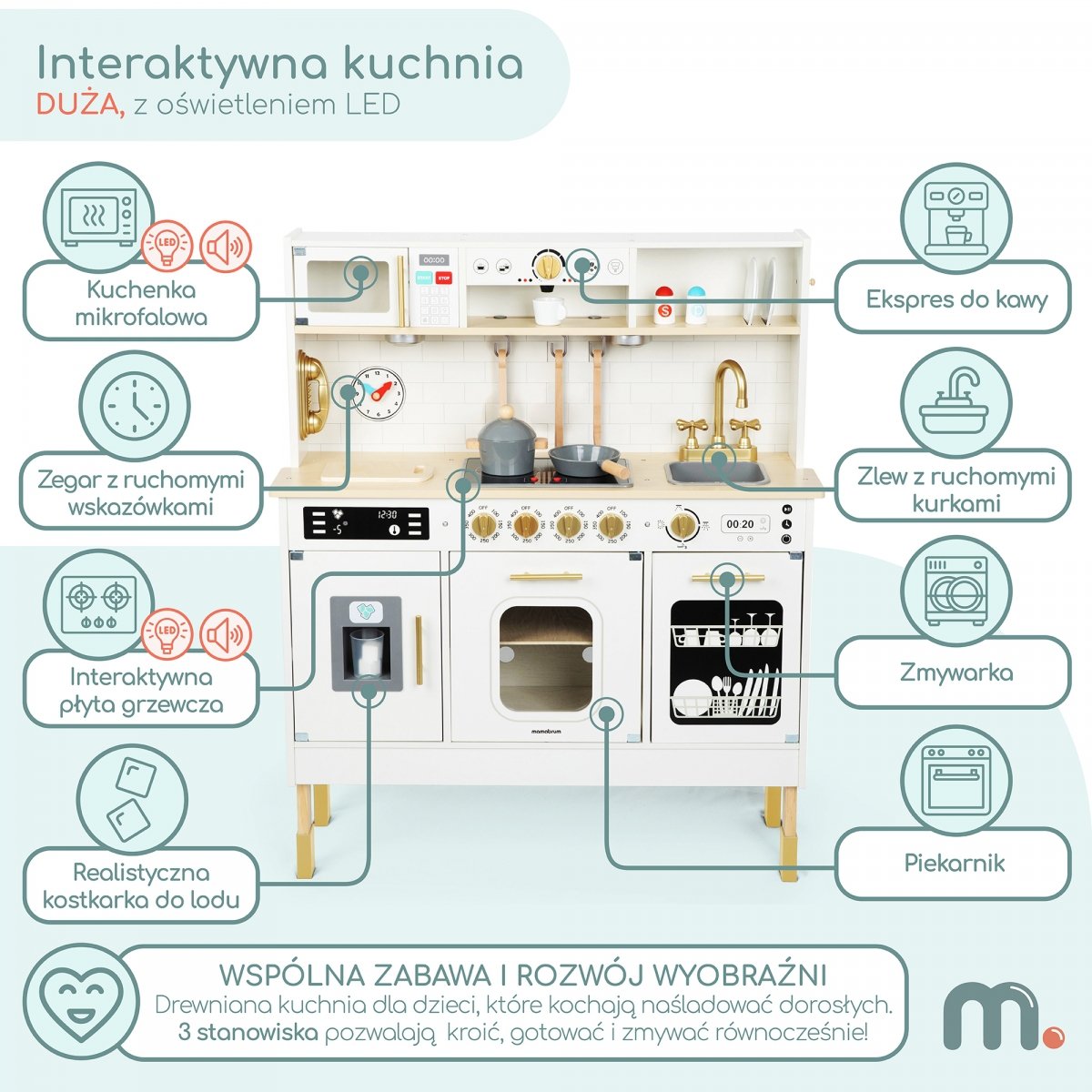 Interaktywna drewniana kuchnia XXL z akcesoriami i oświetleniem LED - dwupoziomowa