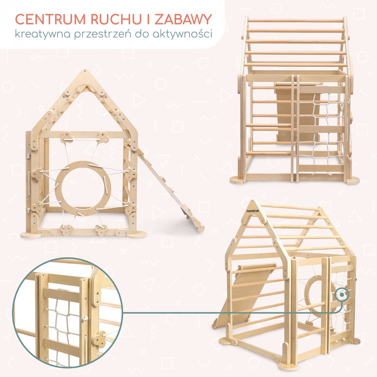 Drewniany domowy plac zabaw dla dzieci – domek z drabinkami i zjeżdżalnią