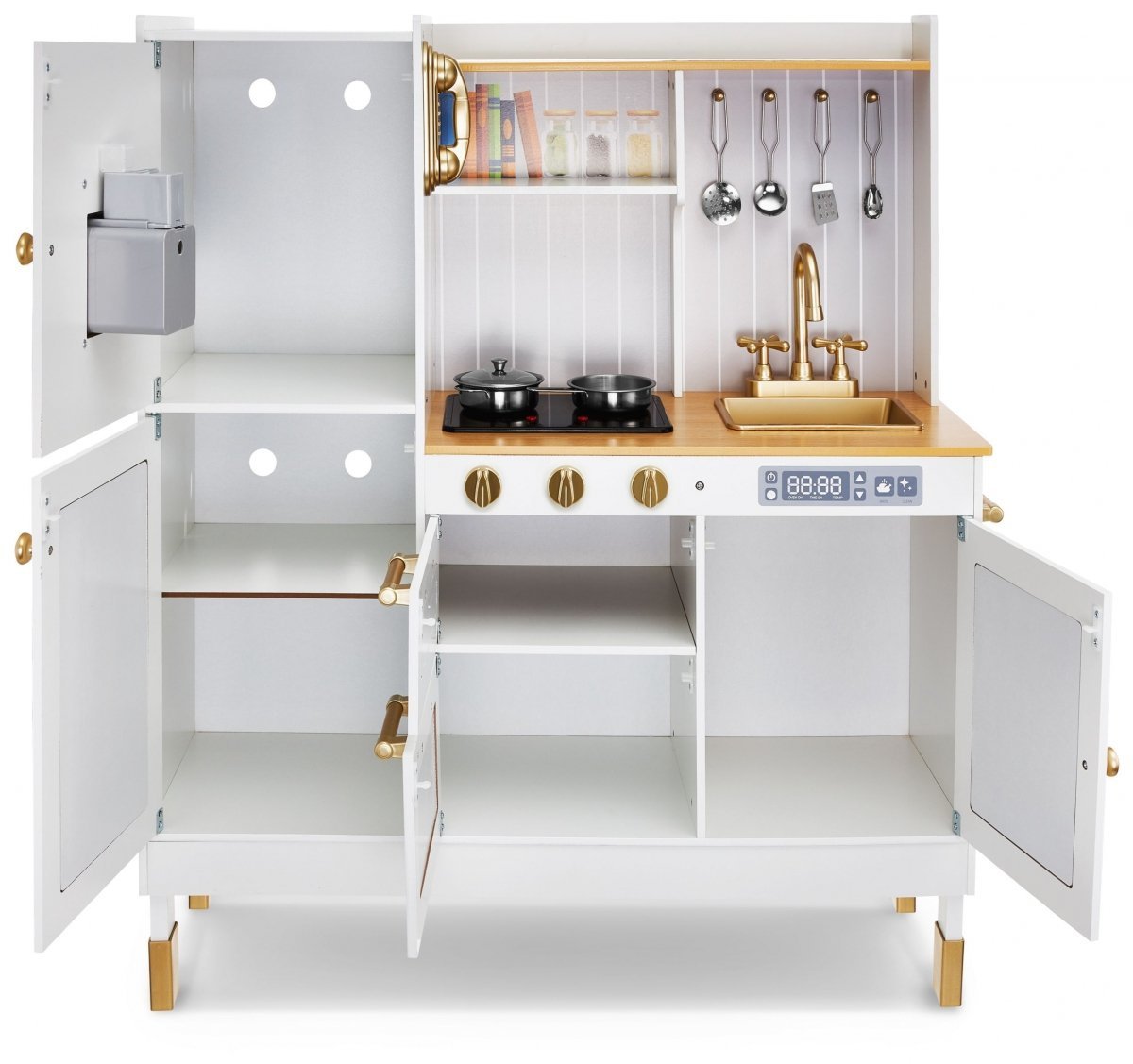 Interaktywna drewniana kuchnia XXL z fartuszkiem, akcesoriami i oświetleniem LED - dwupoziomowa