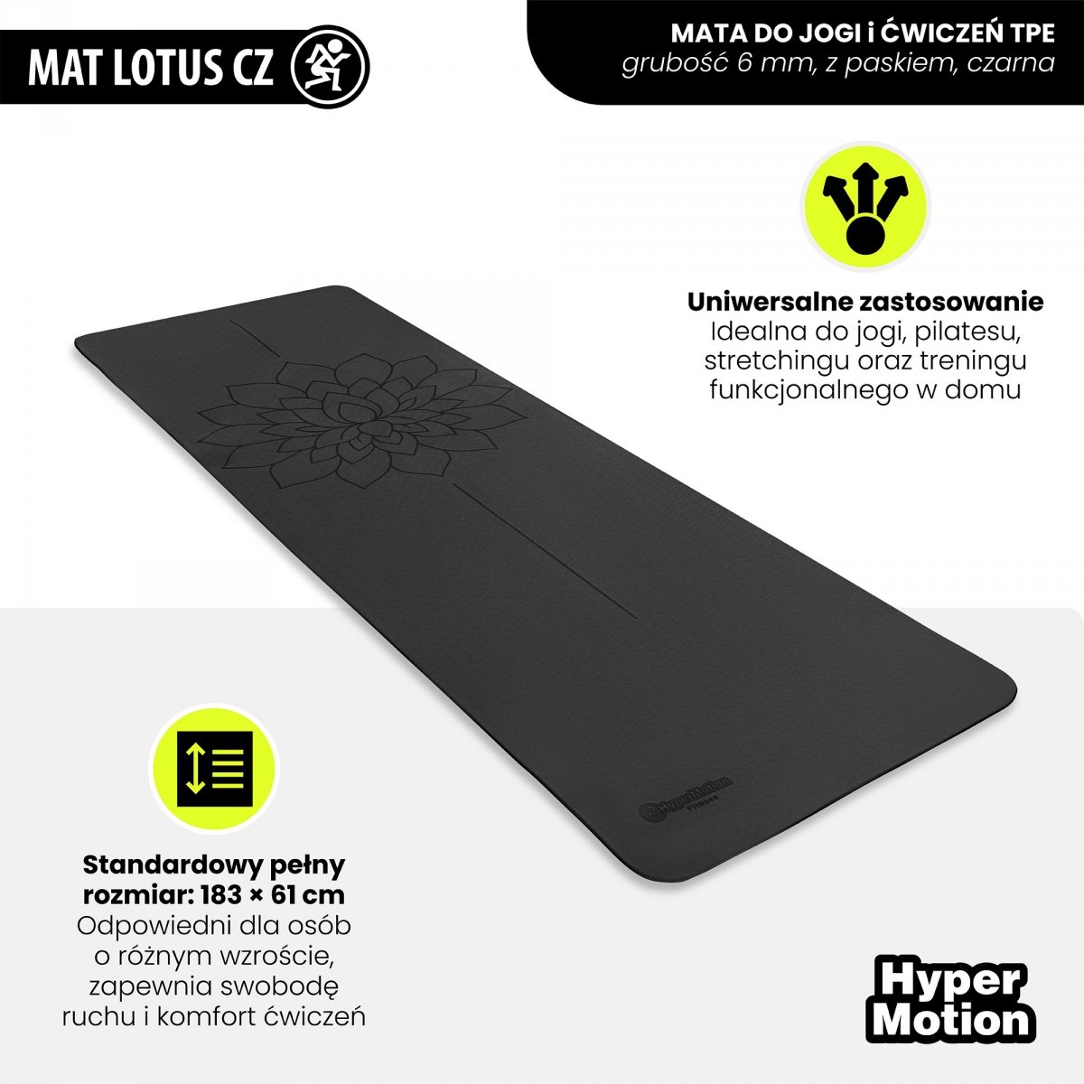 Mata do jogi i ćwiczeń HyperMotion Lotos TPE 6 mm z paskiem – 183 × 61 cm – czarna