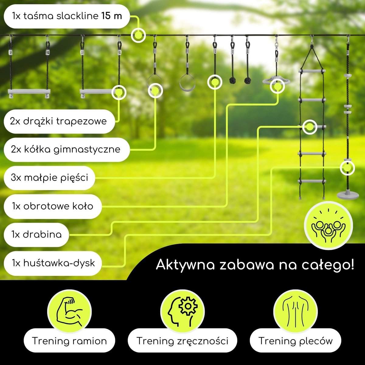 Tor przeszkód Ninja dla dzieci - zestaw slackline HyperMotion - 10 przeszkód