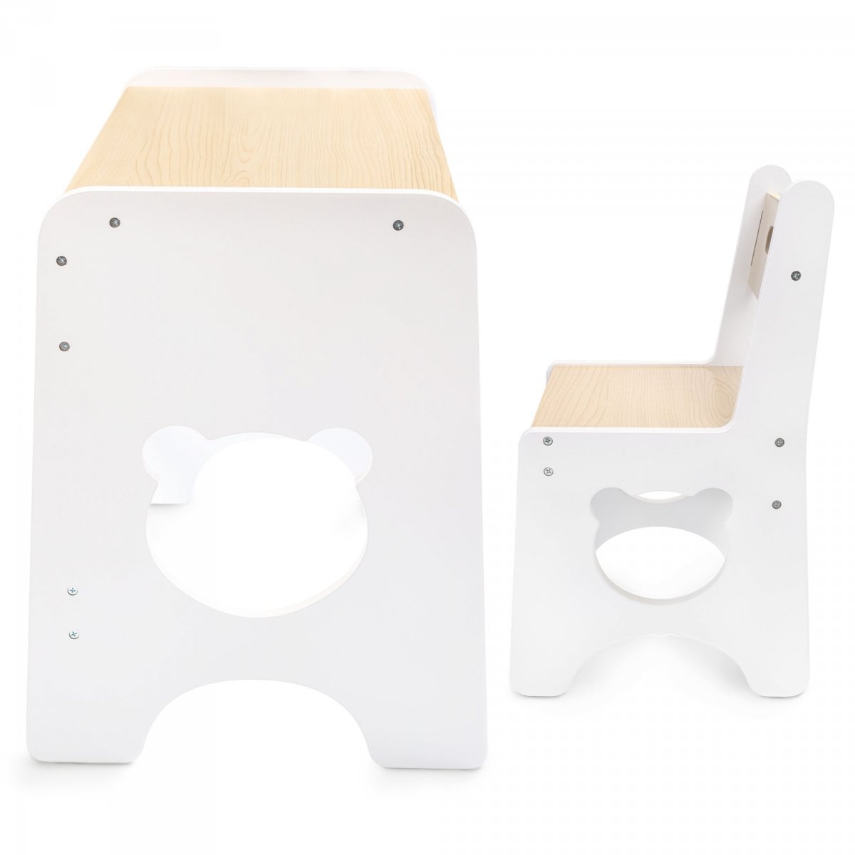 Zestaw dla dzieci - biały, drewniany stolik - biurko z szufladą i krzesełkiem - Miś