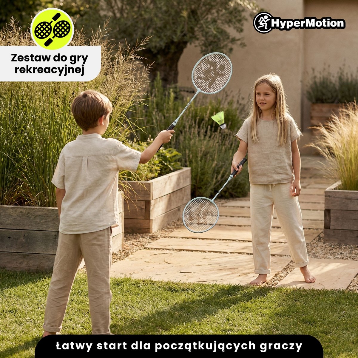 Zestaw do gry w badmintona HyperMotion – 2 rakiety, lotka - kolor szałwiowy