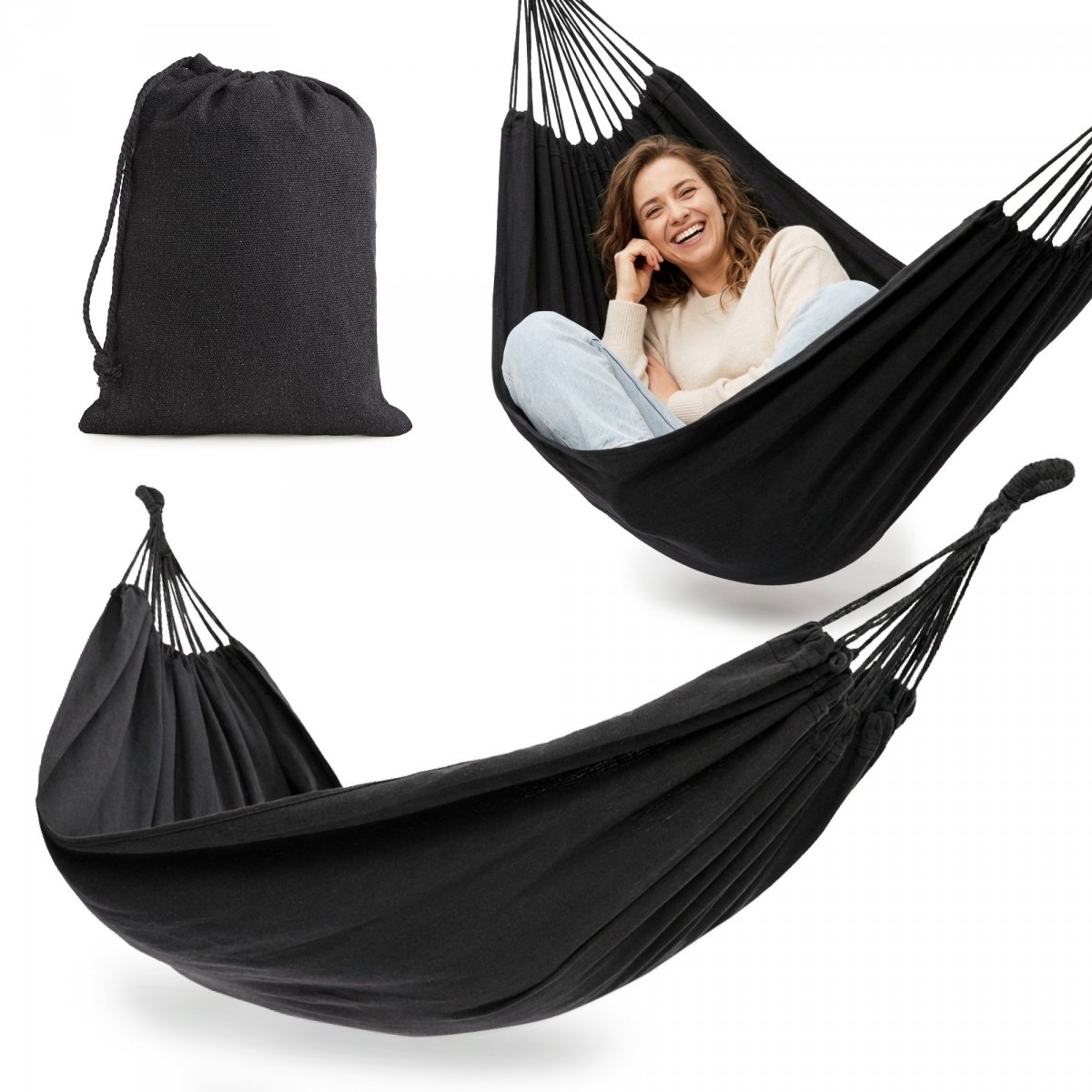 Hamak wiszący ogrodowy boho szary z pokrowcem