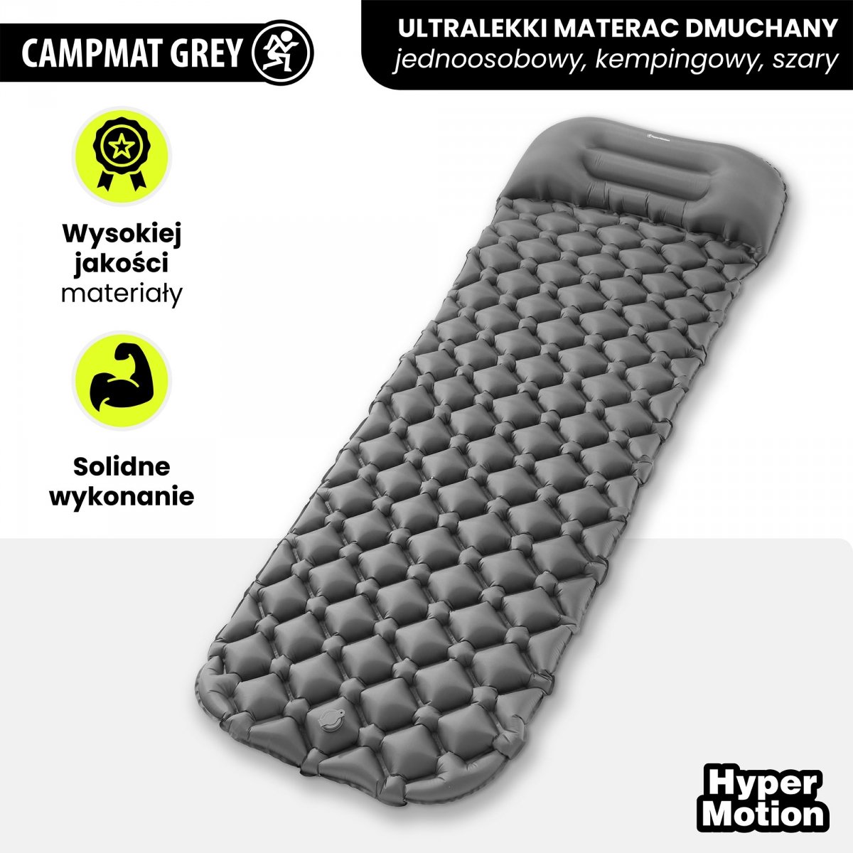Ultralekki materac dmuchany jednoosobowy do spania na kemping i trekking HyperMotion Campmat – 190x56 cm – szary