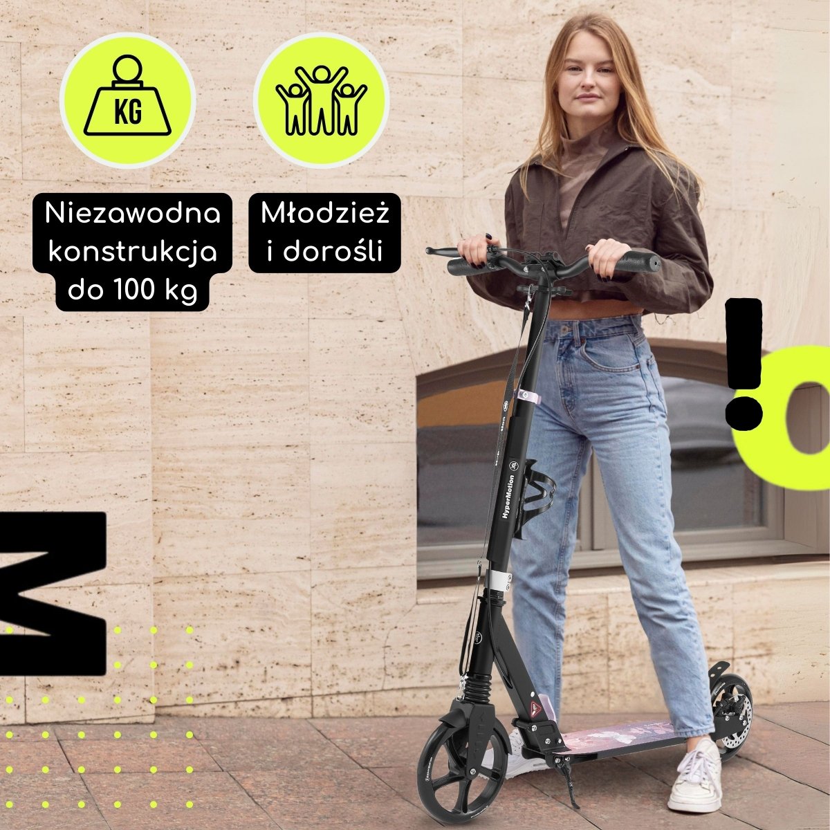 Hulajnoga dwukołowa dla młodzieży dorosłych - z amortyzatorem - HyperMotion Skyline - różowa, aluminiowa - 100kg
