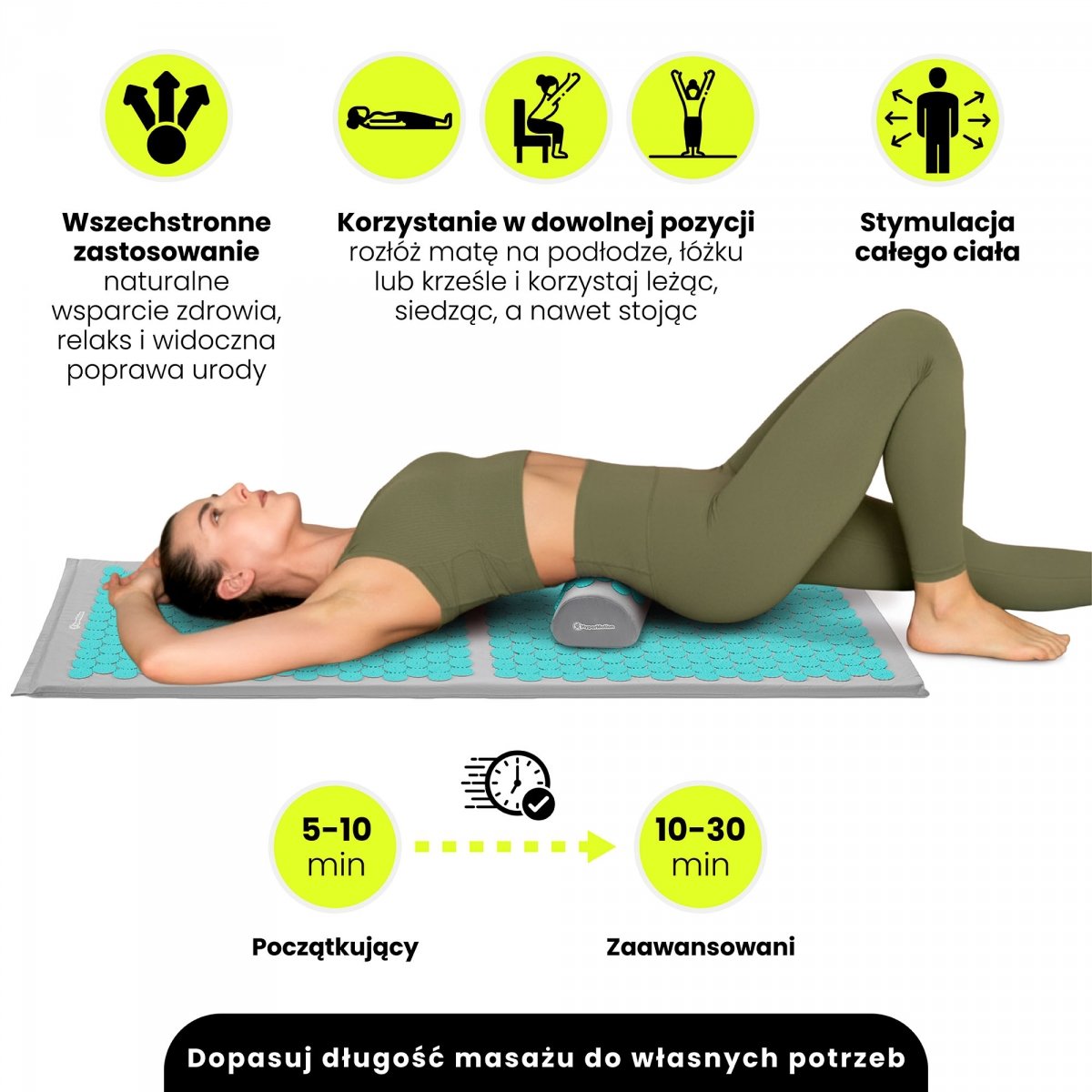 Duża mata do akupresury z poduszką i pokrowcem - 130 cm HyperMotion szaro-miętowa