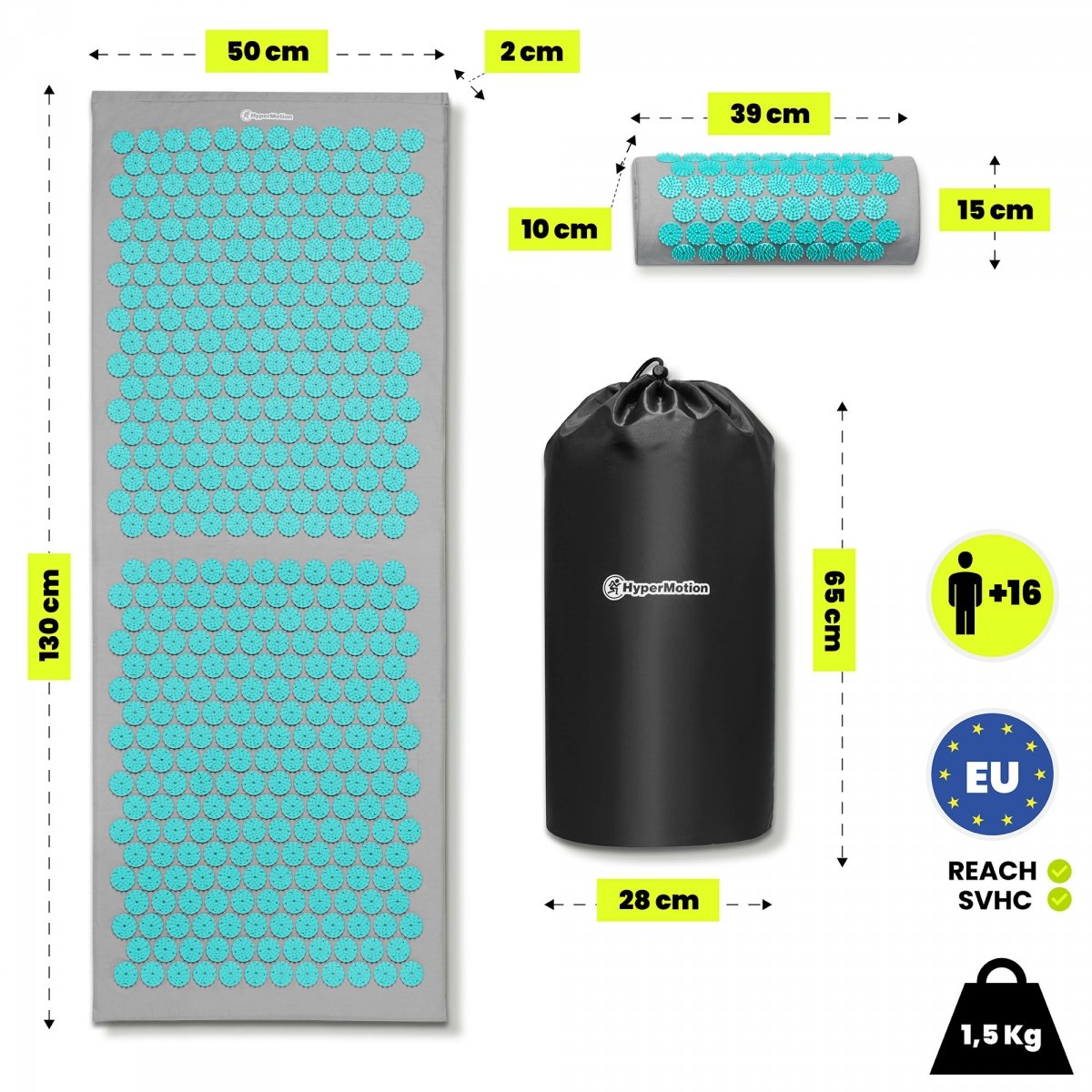 Duża mata do akupresury z poduszką i pokrowcem - 130 cm HyperMotion szaro-miętowa