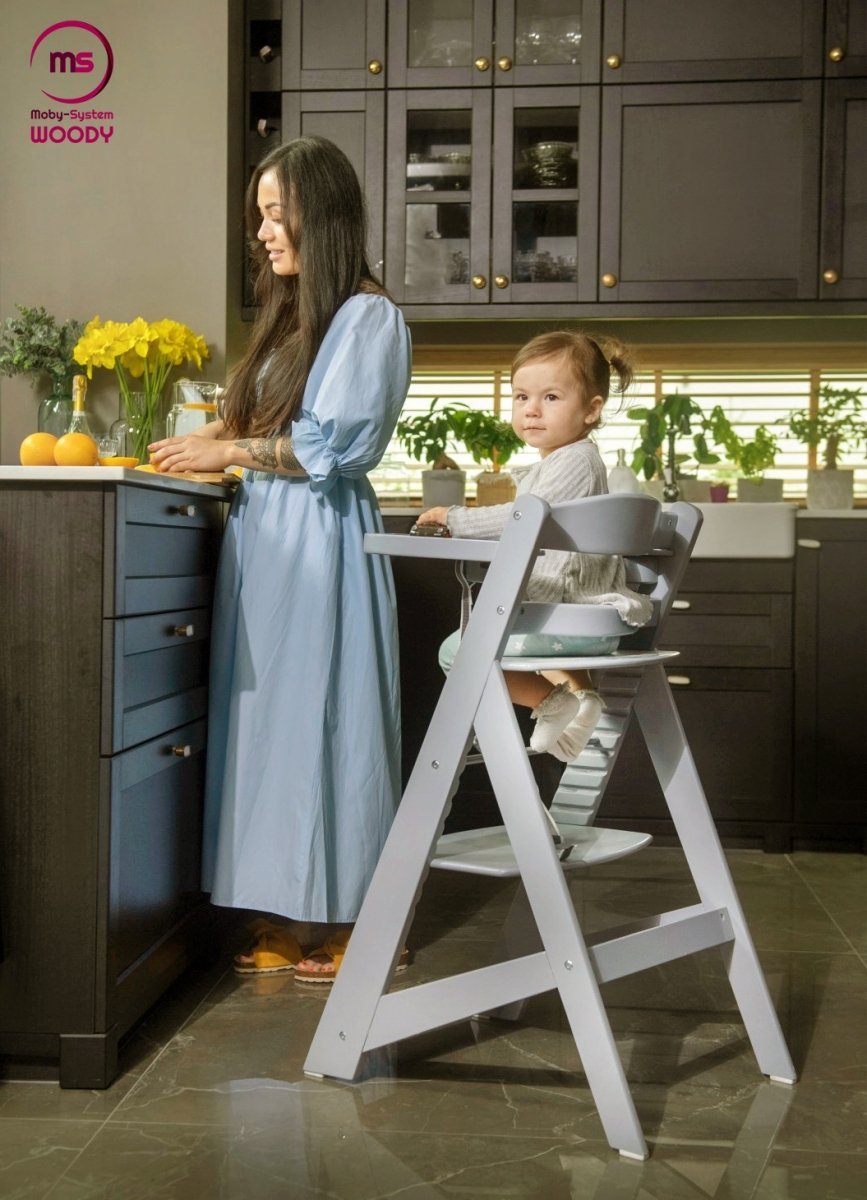 Krzesełko do karmienia drewniane Moby-System WOODY - kolor szary