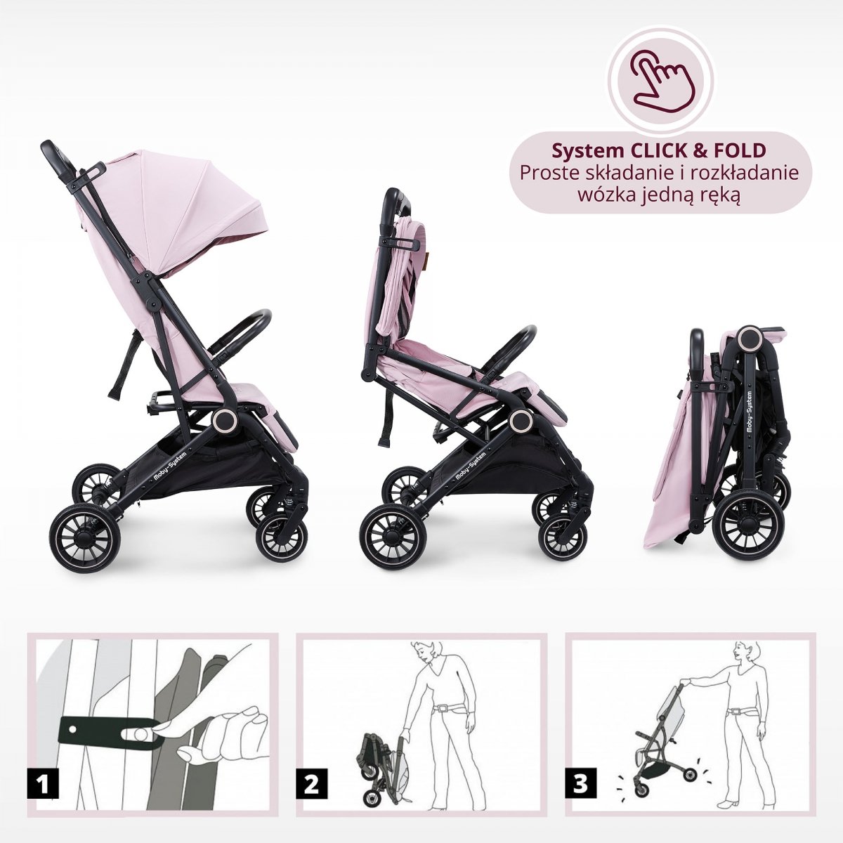 Wózek dziecięcy Spacerówka Moby-System LENA PINK PRO z funkcją WALIZKI