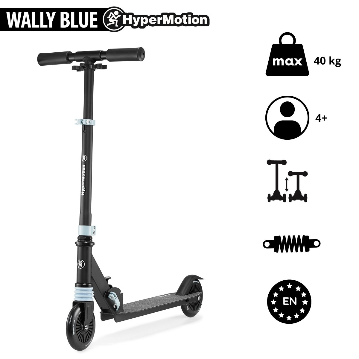 Hulajnoga dwukołowa z amortyzatorem dla dzieci 4-9 lat HyperMotion WALLY - czarno-błękitna