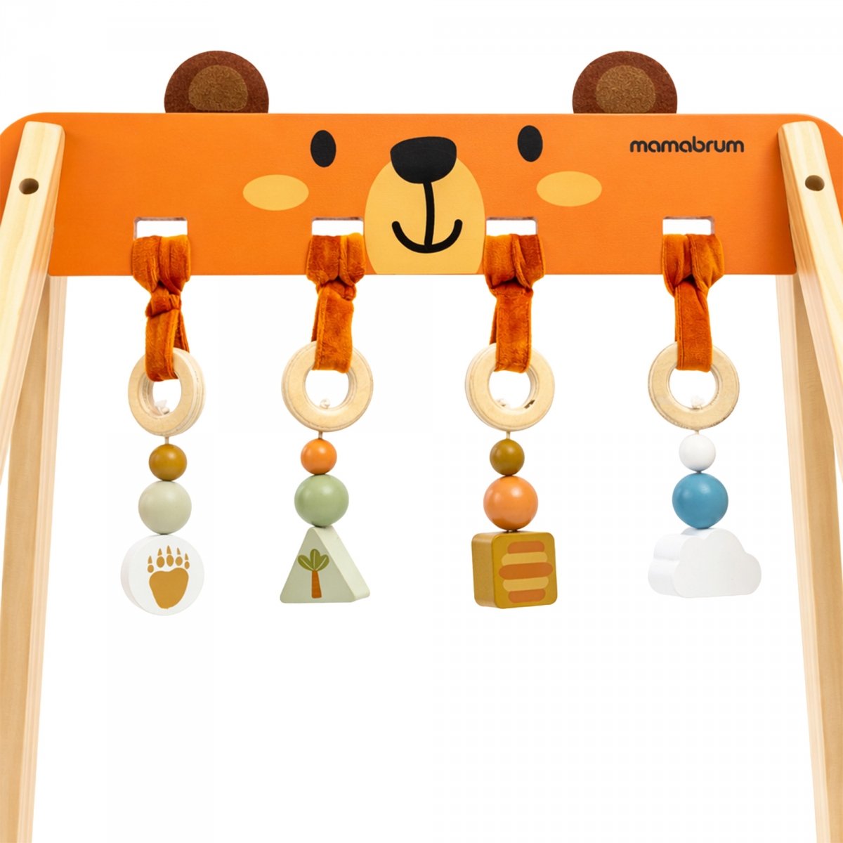Drewniany stojak edukacyjny dla niemowląt – Baby Gym z motywem misia