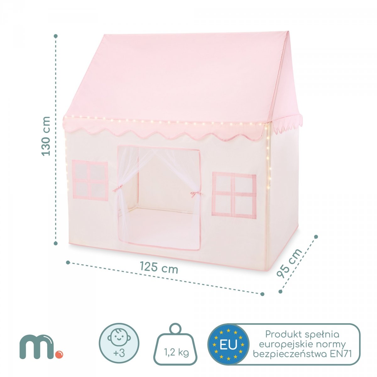 Domek składany XXL - namiot dla dzieci do zabawy, zamek z oknami, do pokoju i ogrodu, z lampkami LED - różowy