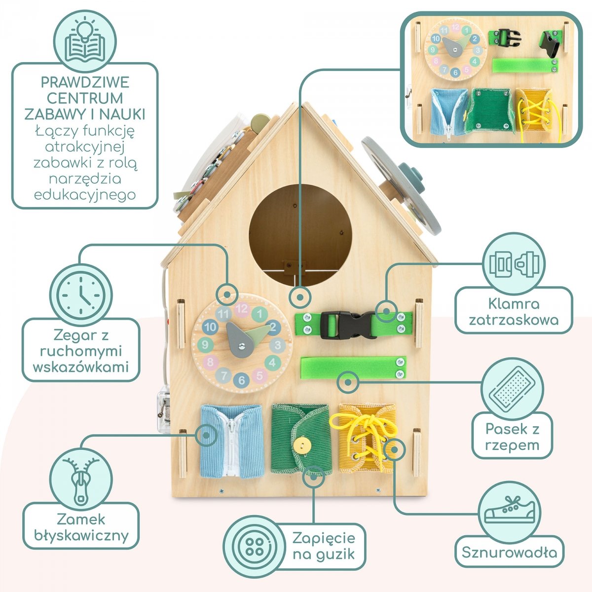 Drewniany, edukacyjny domek aktywności Montessori 6 w 1- sensoryczna tablica manipulacyjna