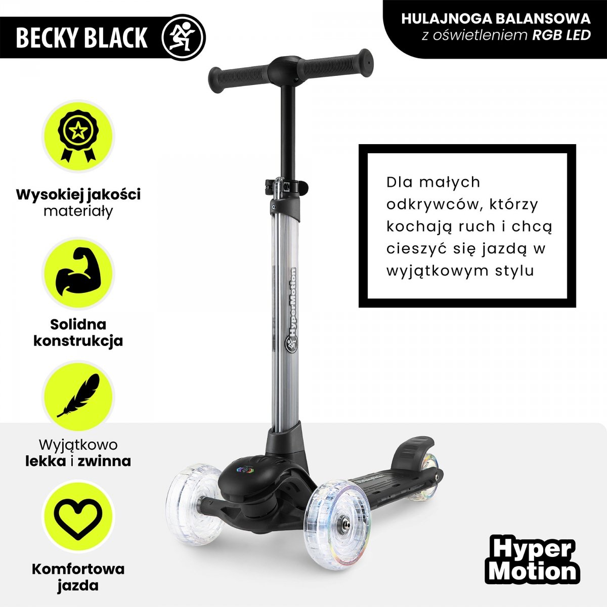 Hulajnoga balansowa HyperMotion BECKY - oświetlenie RGB LED, kolor czarny