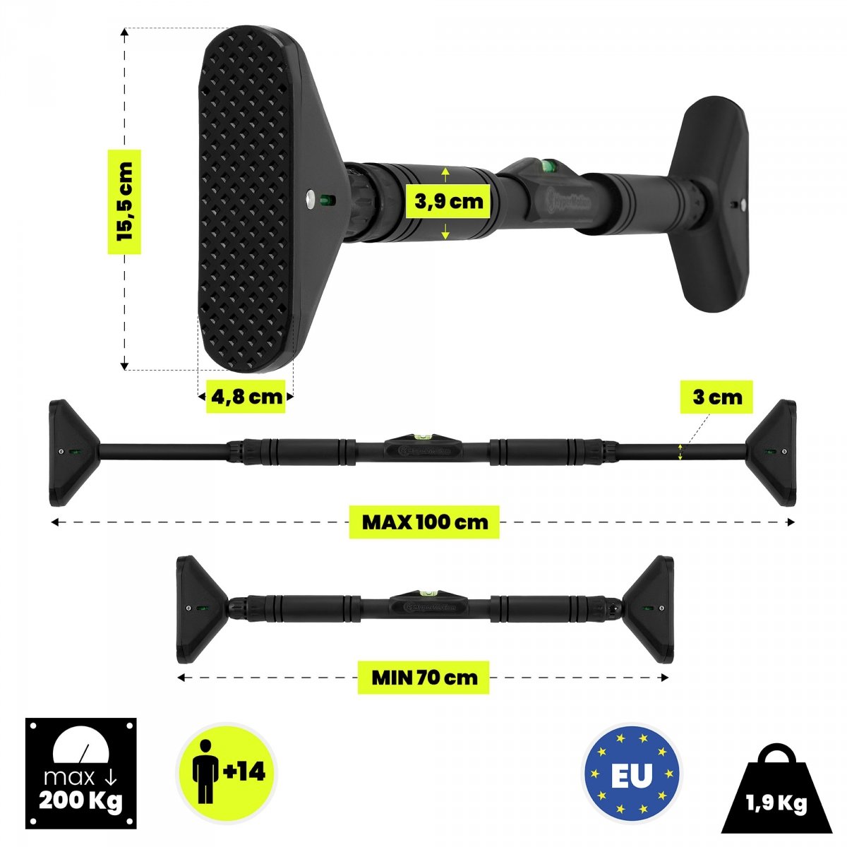 Drążek rozporowy do podciągania HyperMotion regulowany 70–100 cm, 200kg, czarny