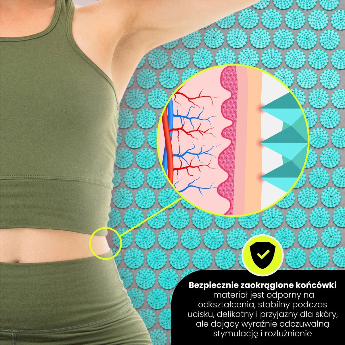 Duża mata do akupresury z poduszką i pokrowcem - 130 cm HyperMotion szaro-miętowa