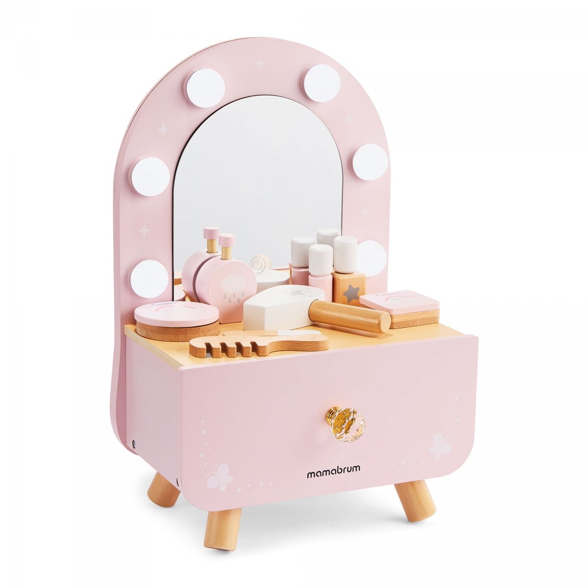 Drewniana mini toaletka dla dzieci z akcesoriami i oświetleniem LED o płynnej regulacji jasności